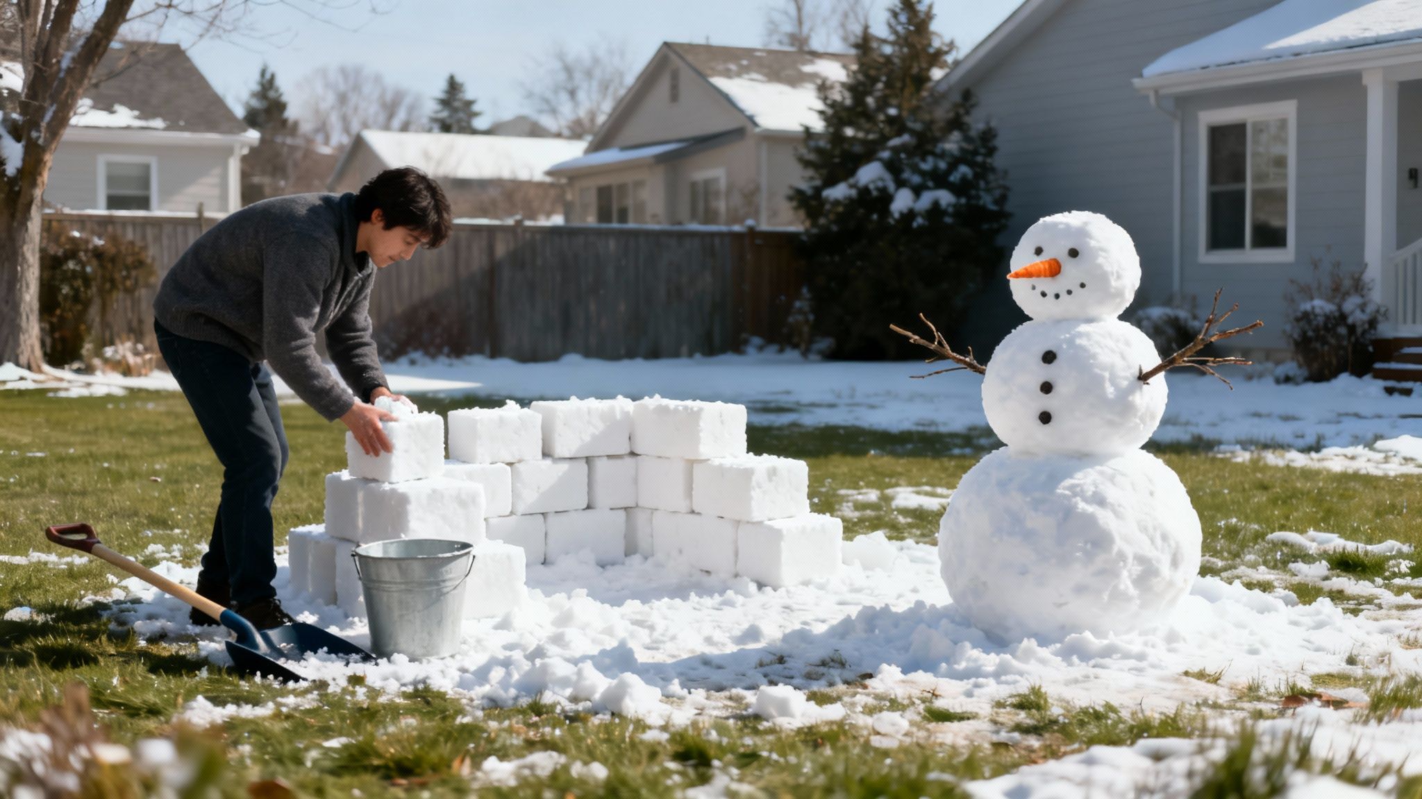 A person builds a snow fort, stacking blocks of snow in a sunny yard beside a snowman.