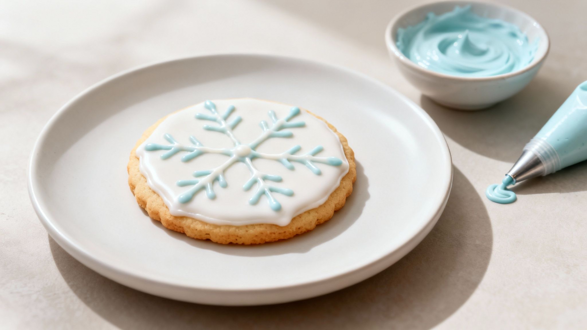 A beautifully decorated round cookie with white icing and a blue snowflake on a white plate.