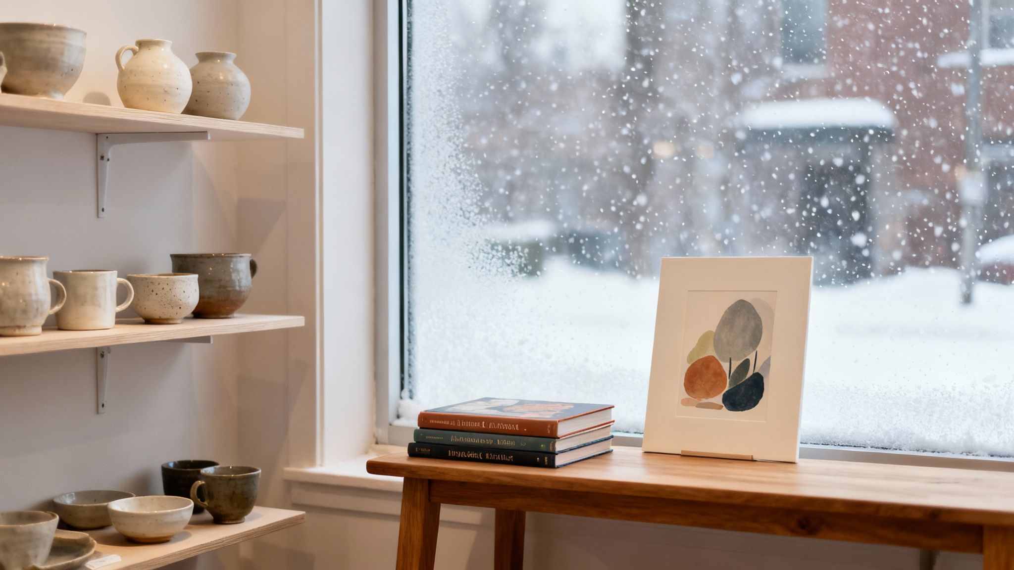 Handmade pottery on shelves next to a snowy window with books and abstract art on a table.