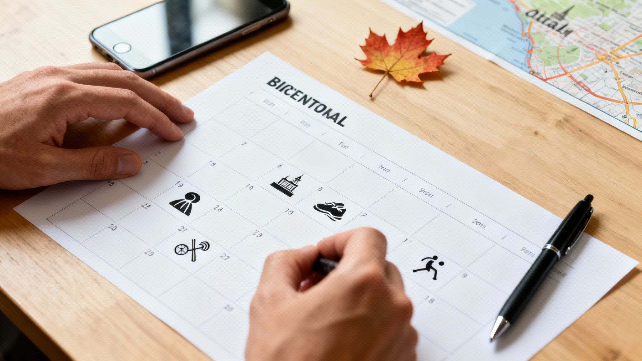 A person marks an Ottawa Bicentennial calendar with various event icons, a map, smartphone, and fall leaf.