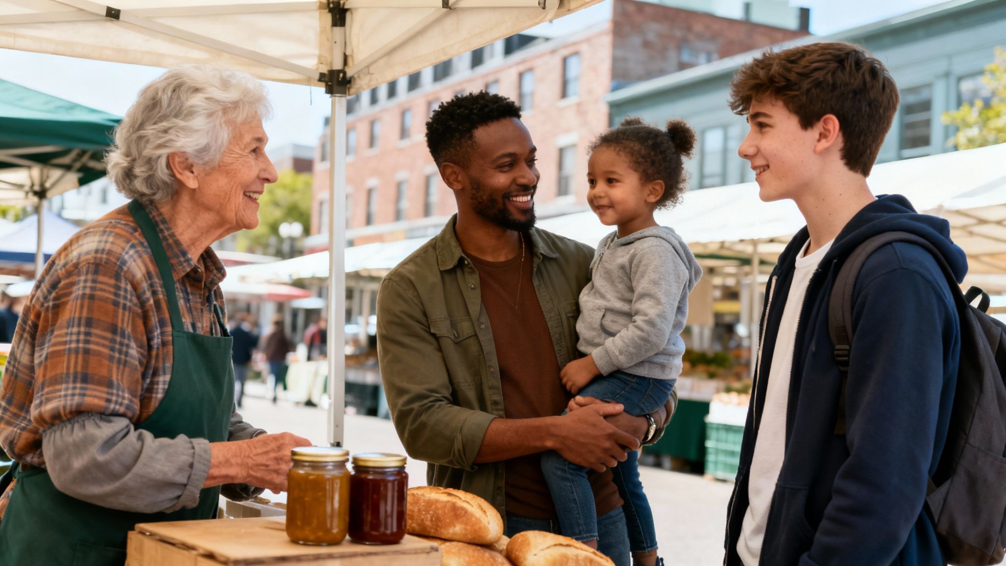 A diverse family smiles while buying bread and preserves from a happy vendor at an outdoor market.