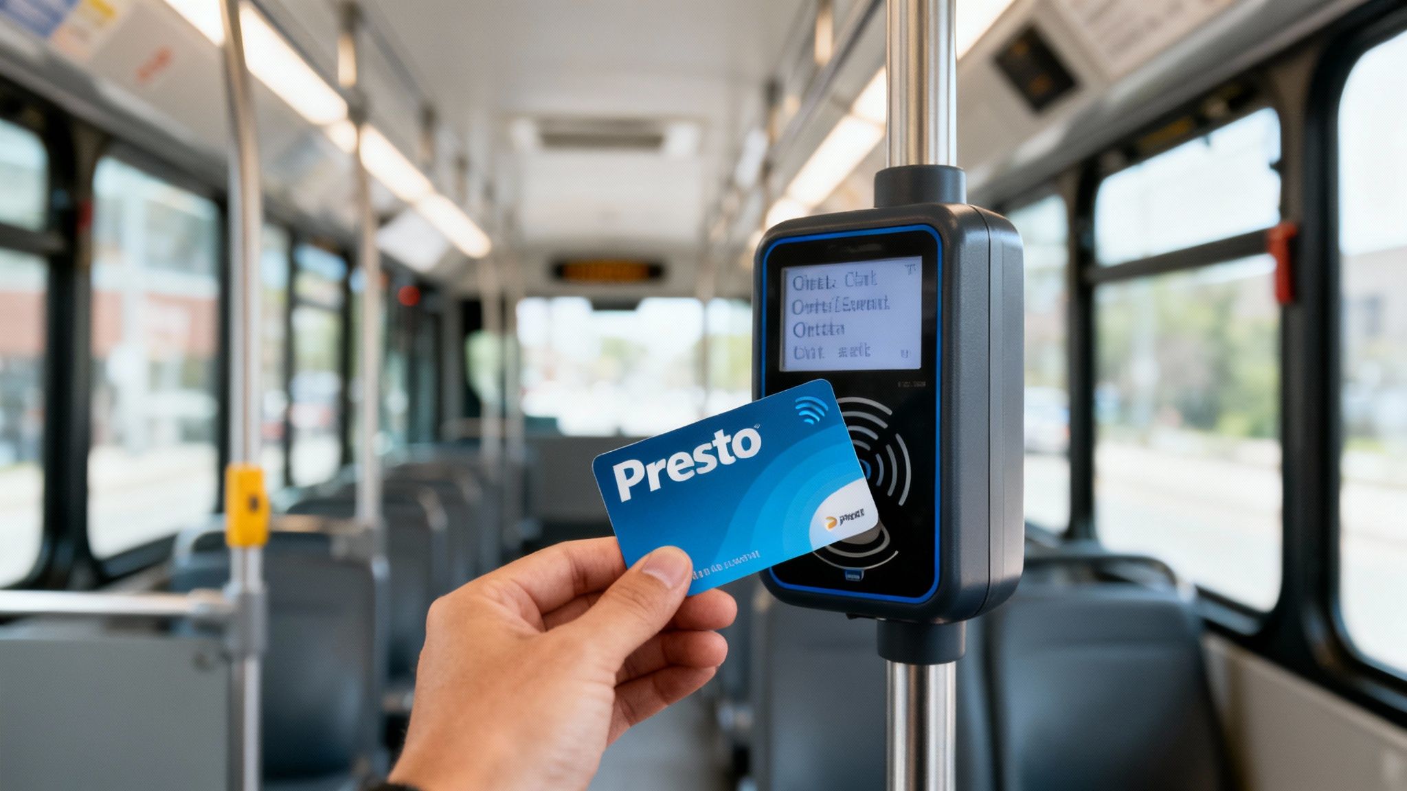 A hand holding a blue Presto card taps it on a fare reader inside a public transit bus.