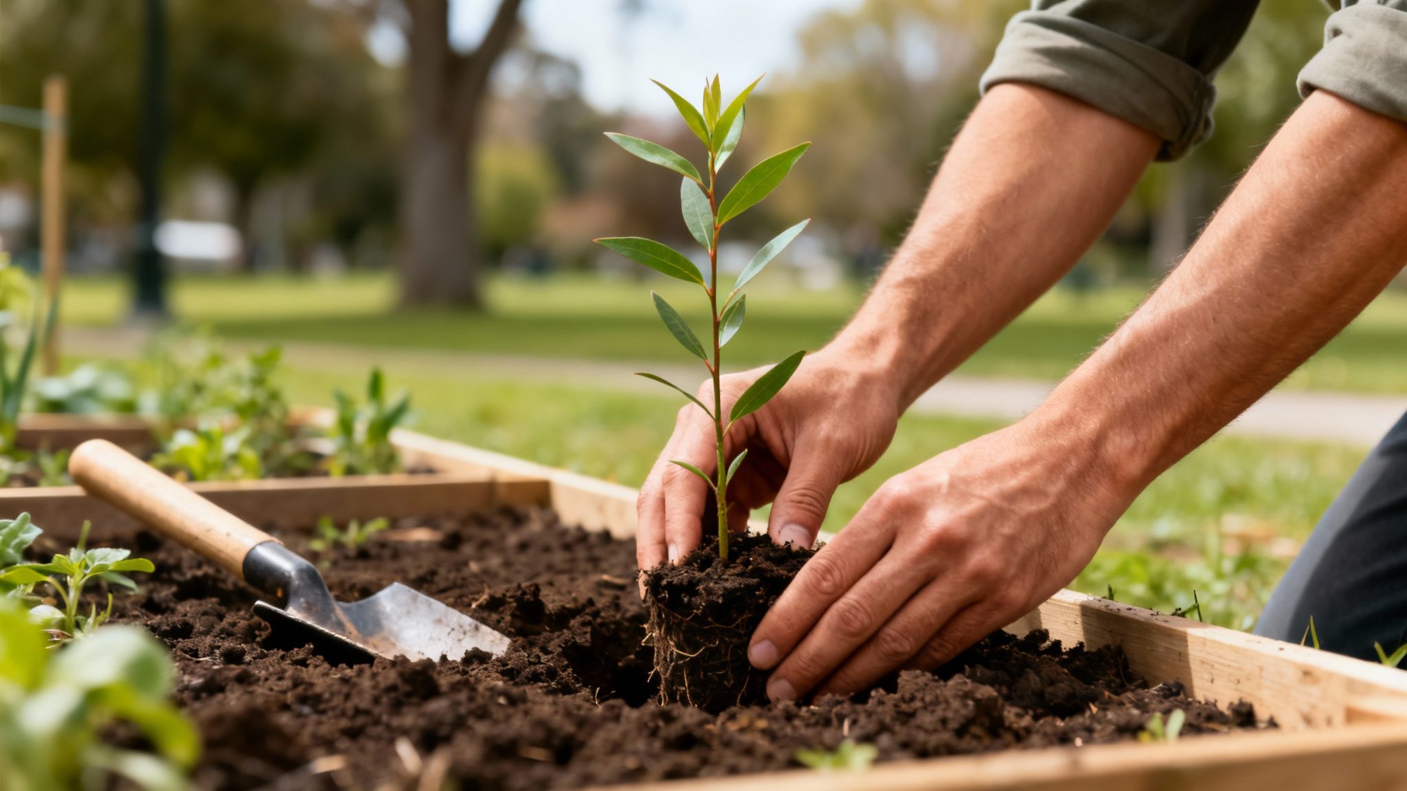 A person's hands gently plant a small green seedling with visible roots into rich soil in a garden.