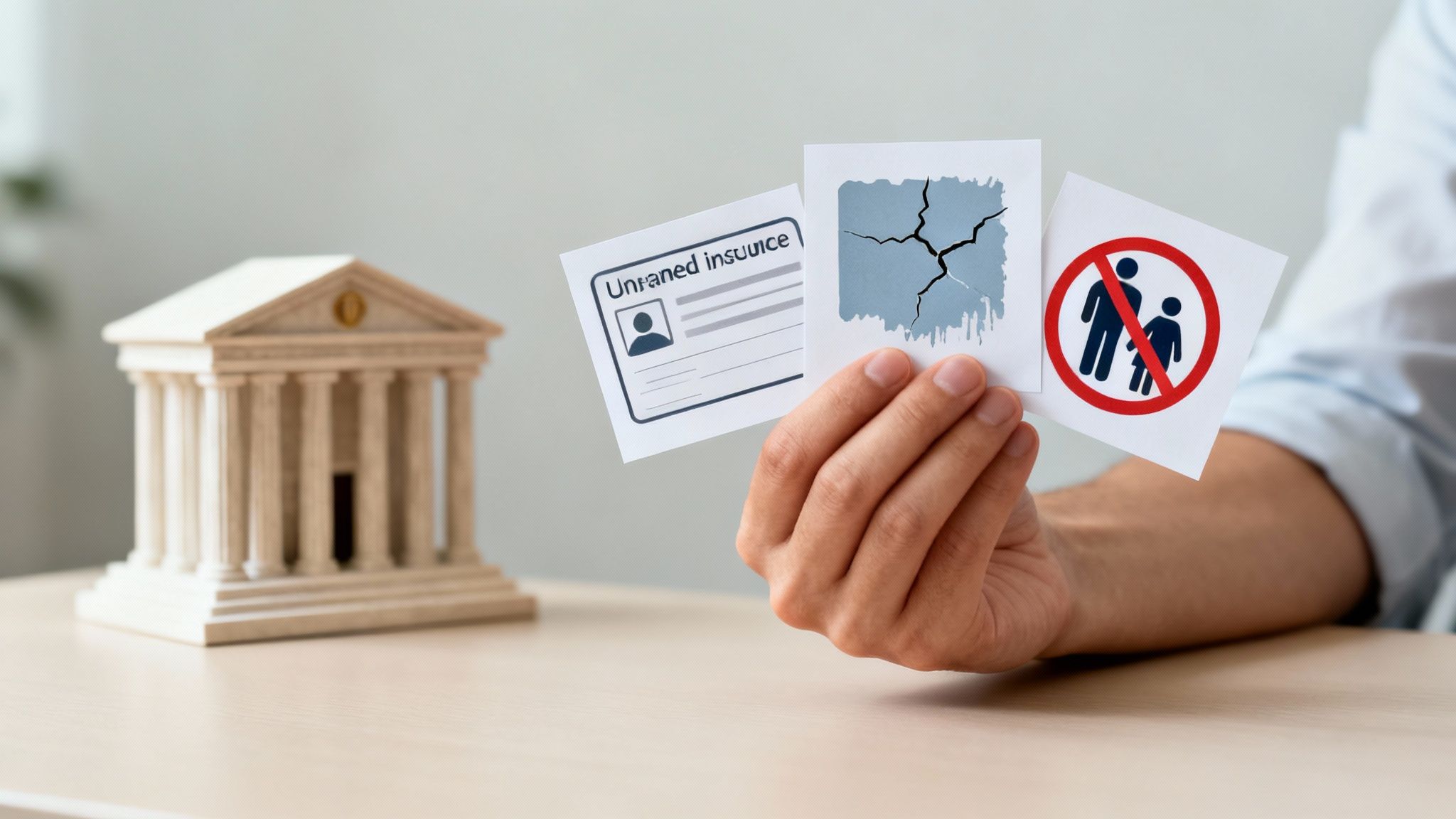 Hand holding cards about uninsured insurance, property damage, and restricted access, near a court model.