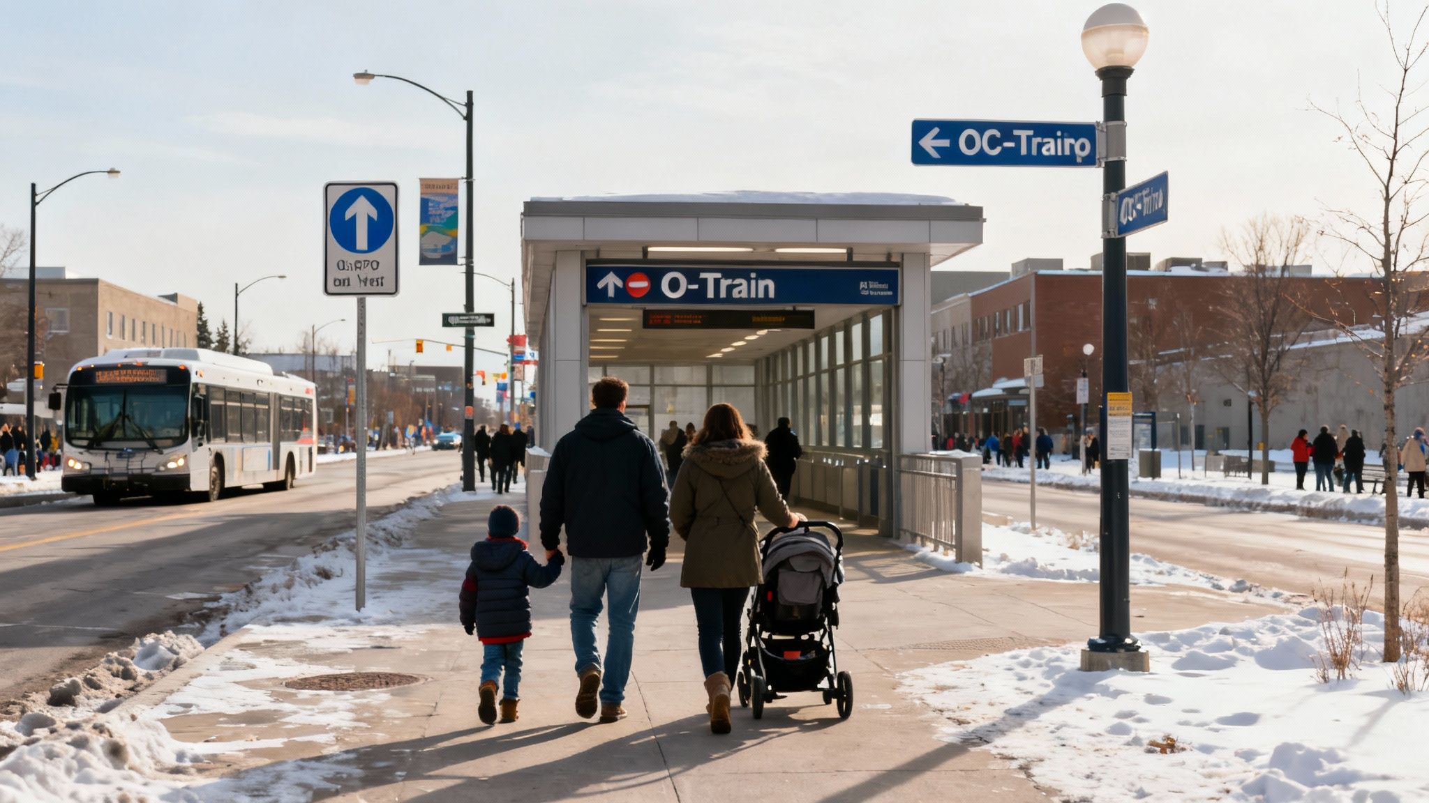 A busy city street with a bus turning, capturing the essence of public transit in Ottawa.