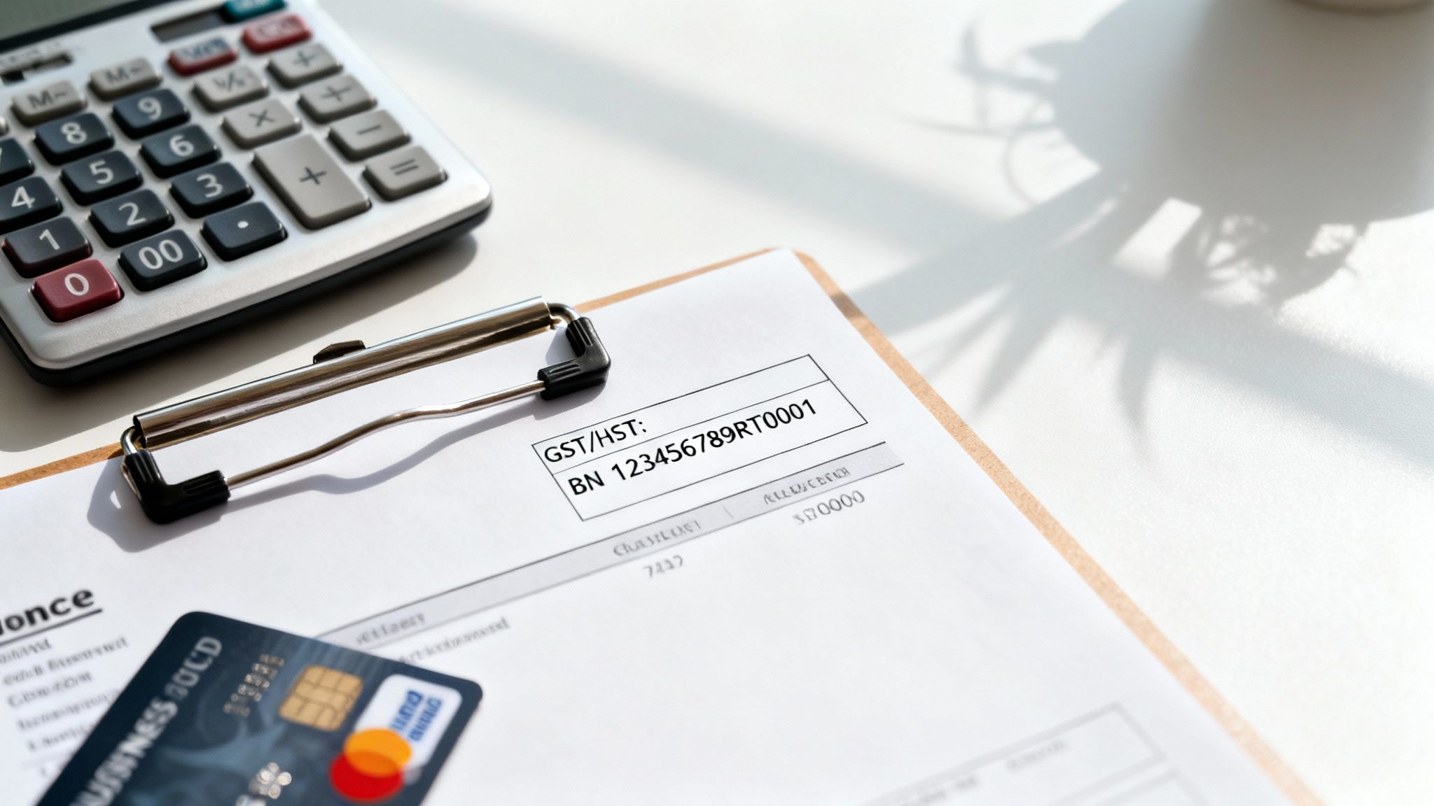 A close-up of a business document showing a GST/HST number, a calculator, and a credit card.