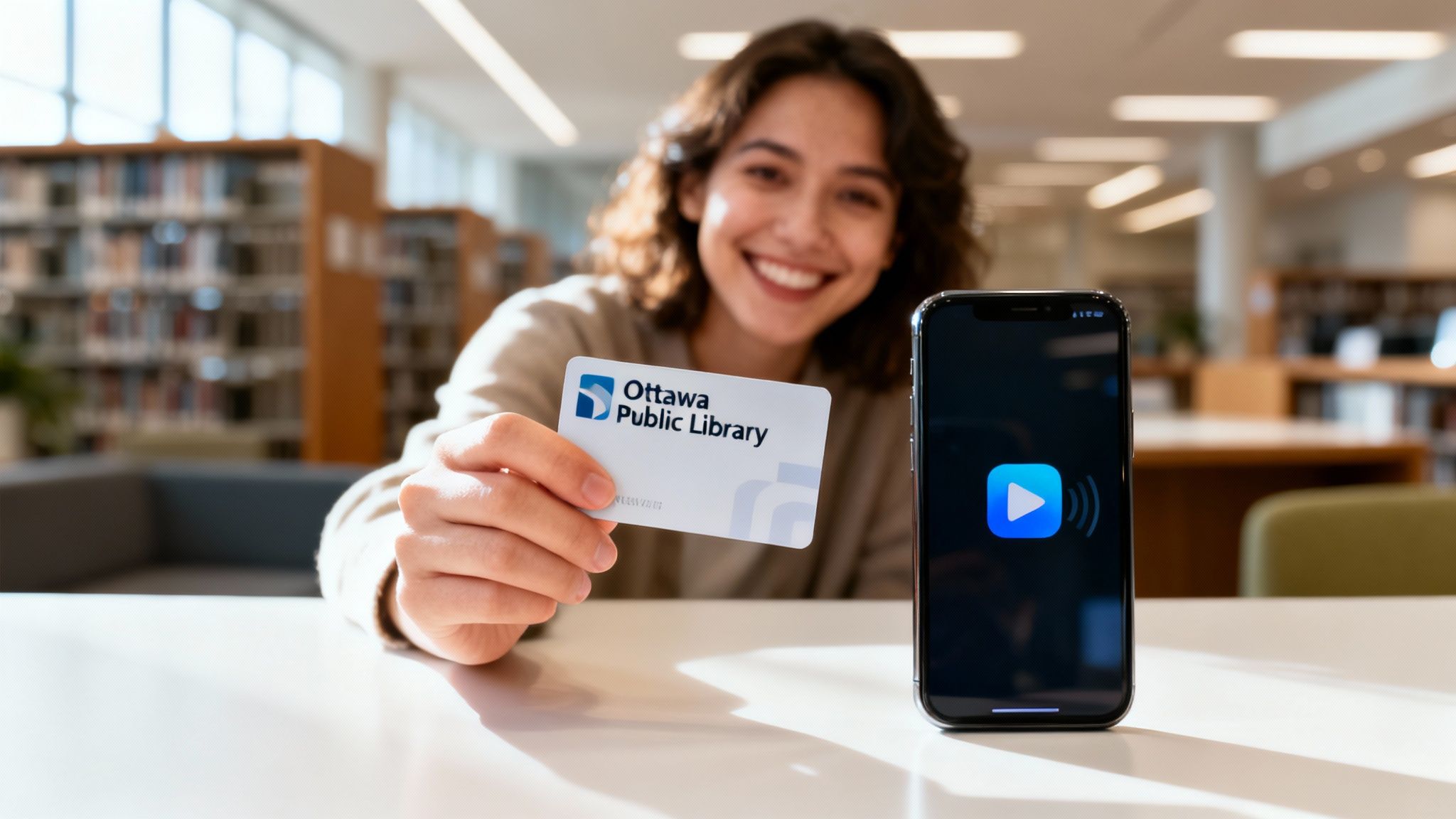 A smiling person holds an Ottawa Public Library card and a smartphone with a play icon.