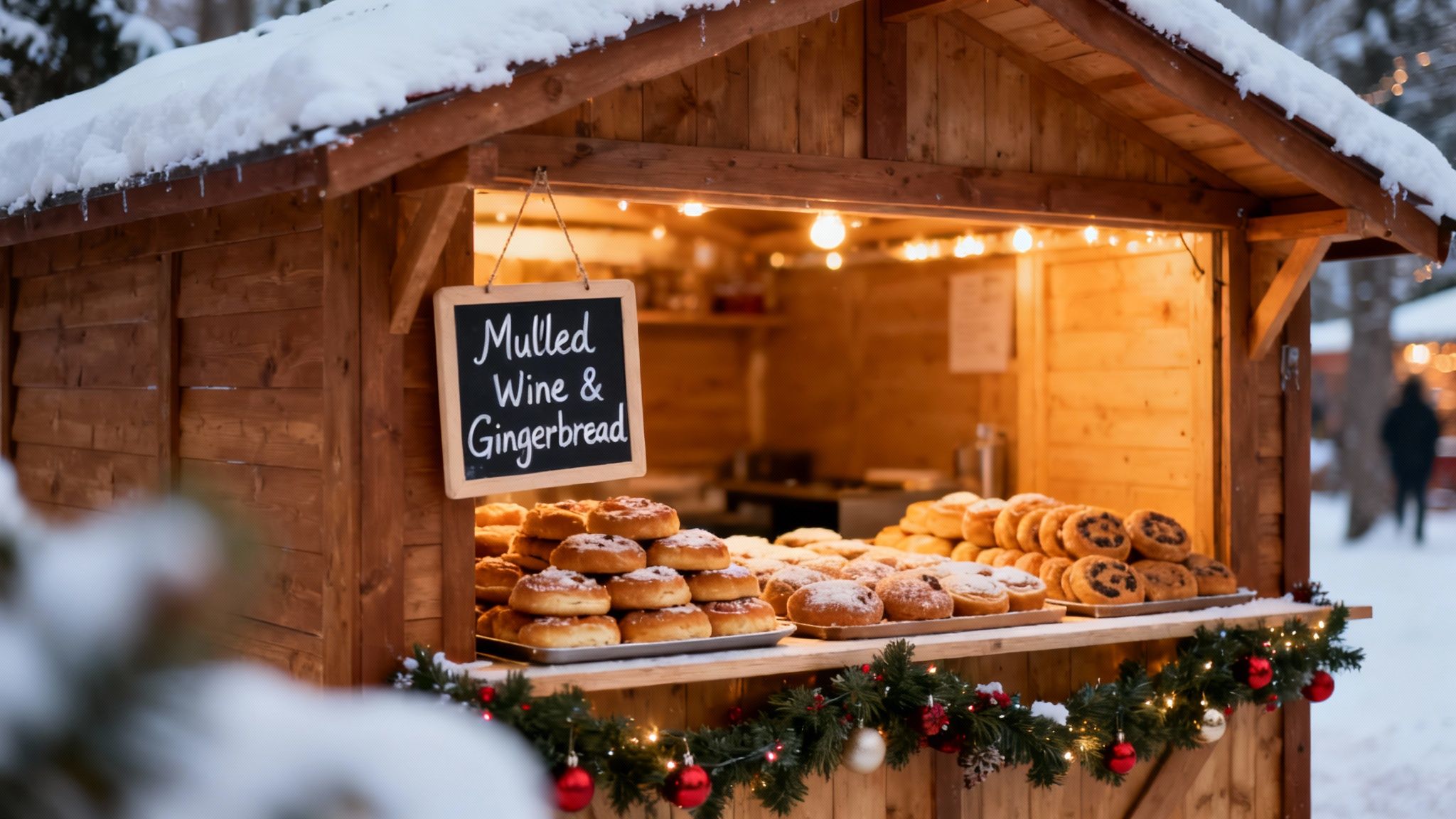 A festive wooden stall at a snowy Christmas market selling mulled wine and gingerbread pastries.