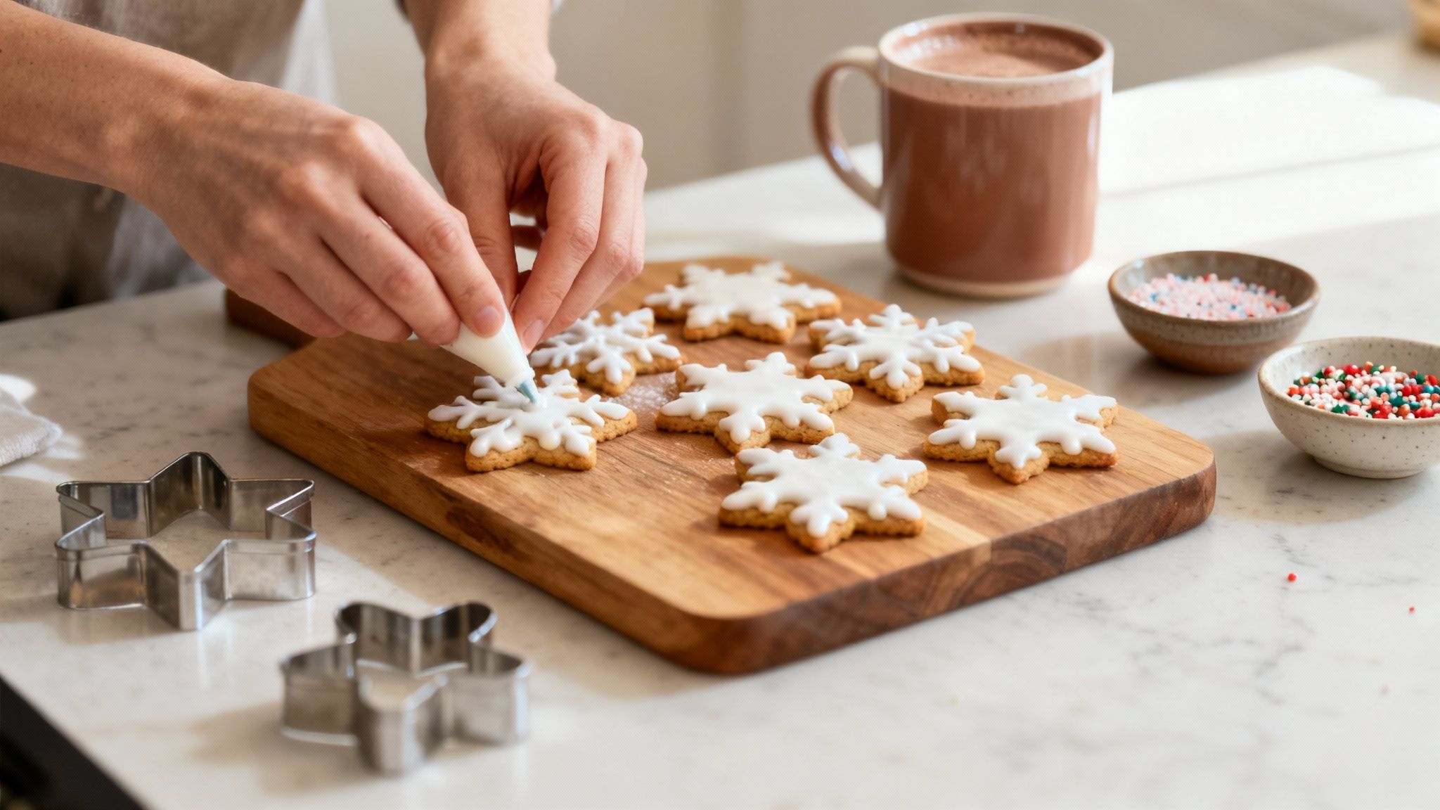 Hands decorating snowflake cookies with white icing on a wooden board, with sprinkles and hot chocolate.