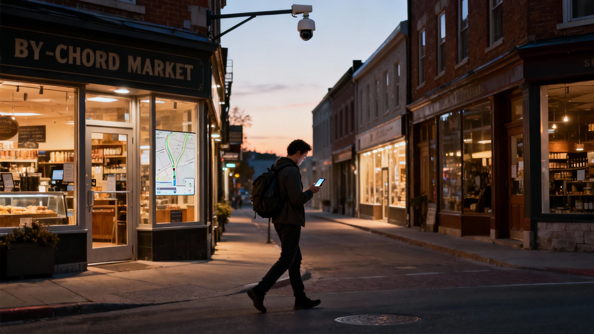 A person with a backpack uses a phone while walking past shops at dusk, a map screen visible.
