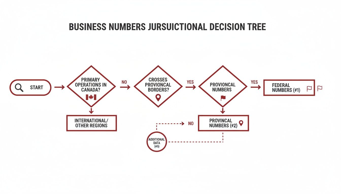 Decision tree flowchart explaining the process for assigning jurisdictional business numbers for operations.