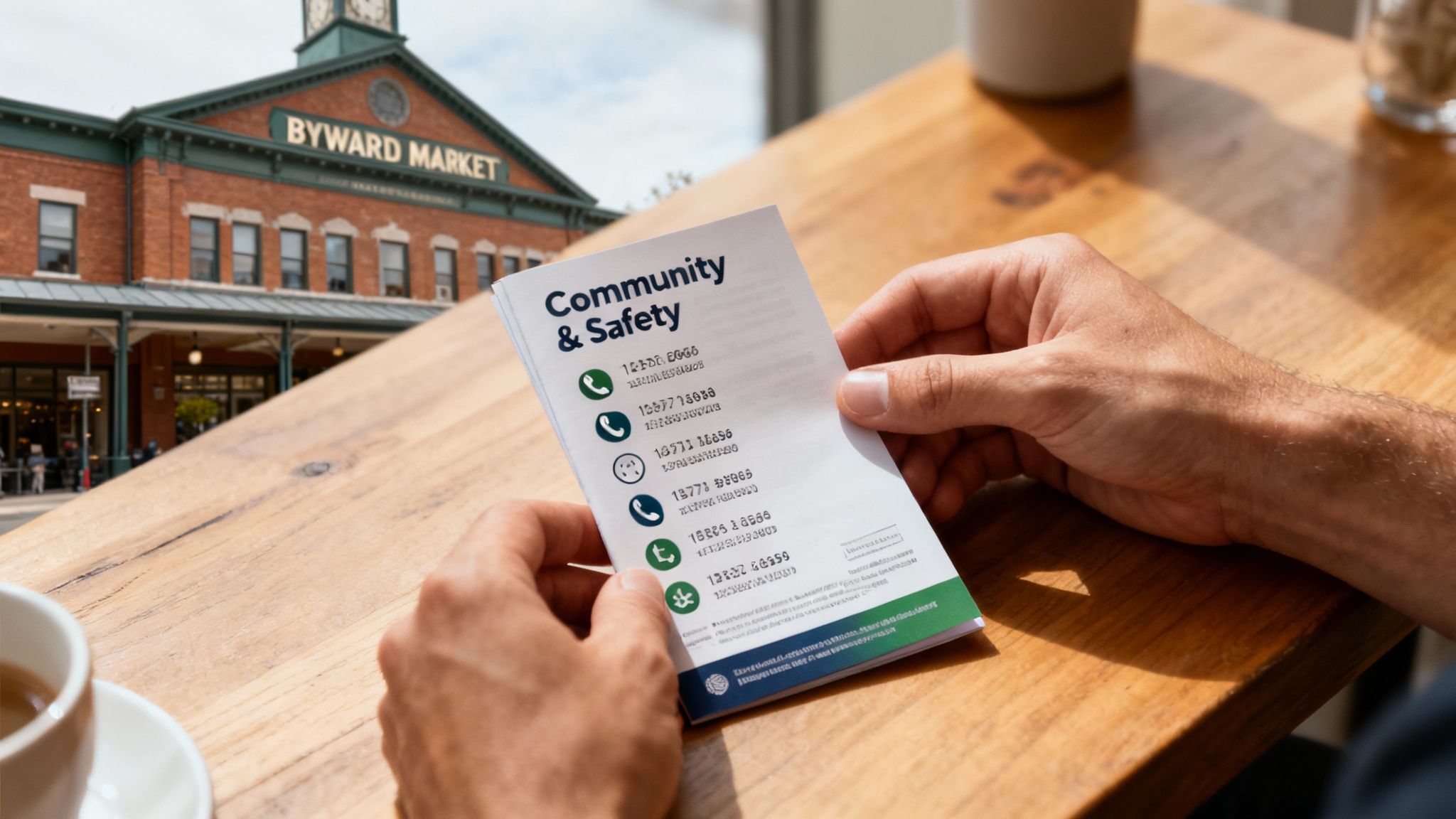 A person holds a 'Community & Safety' brochure with Ottawa's ByWard Market building in the background.