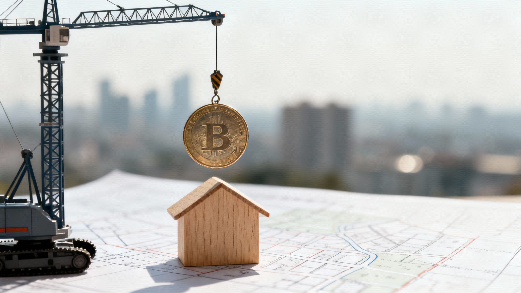 Miniature crane lifts a golden Bitcoin coin over a small wooden house model on a city map.