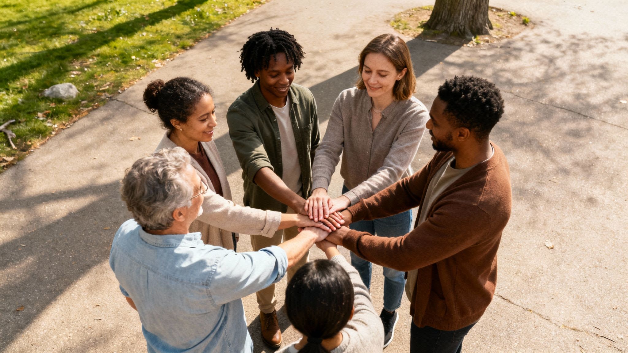 A diverse group of six people stands in a circle, hands stacked, symbolizing unity.