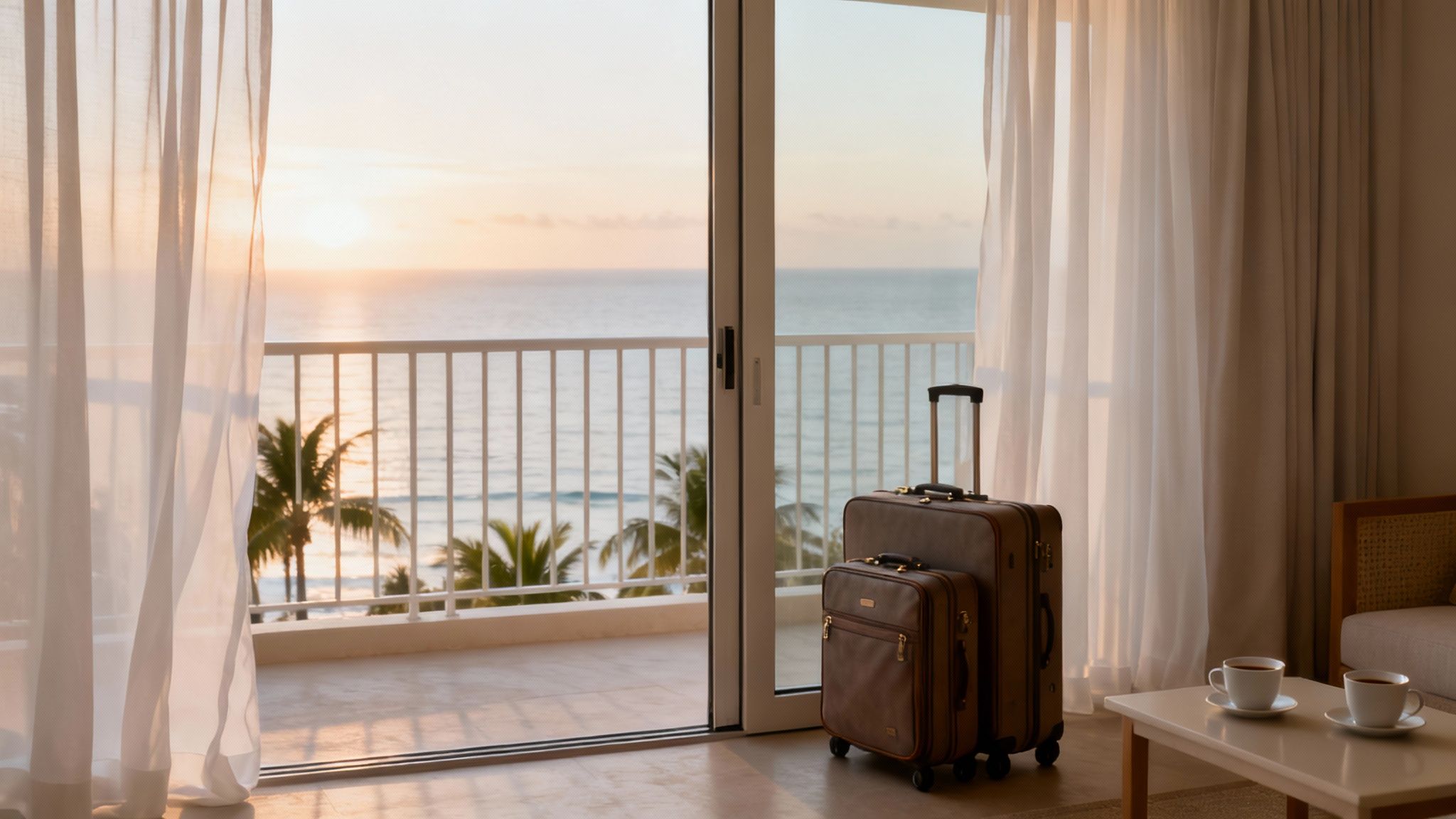A hotel room with an open balcony overlooking the ocean and palm trees at sunset, with two suitcases.