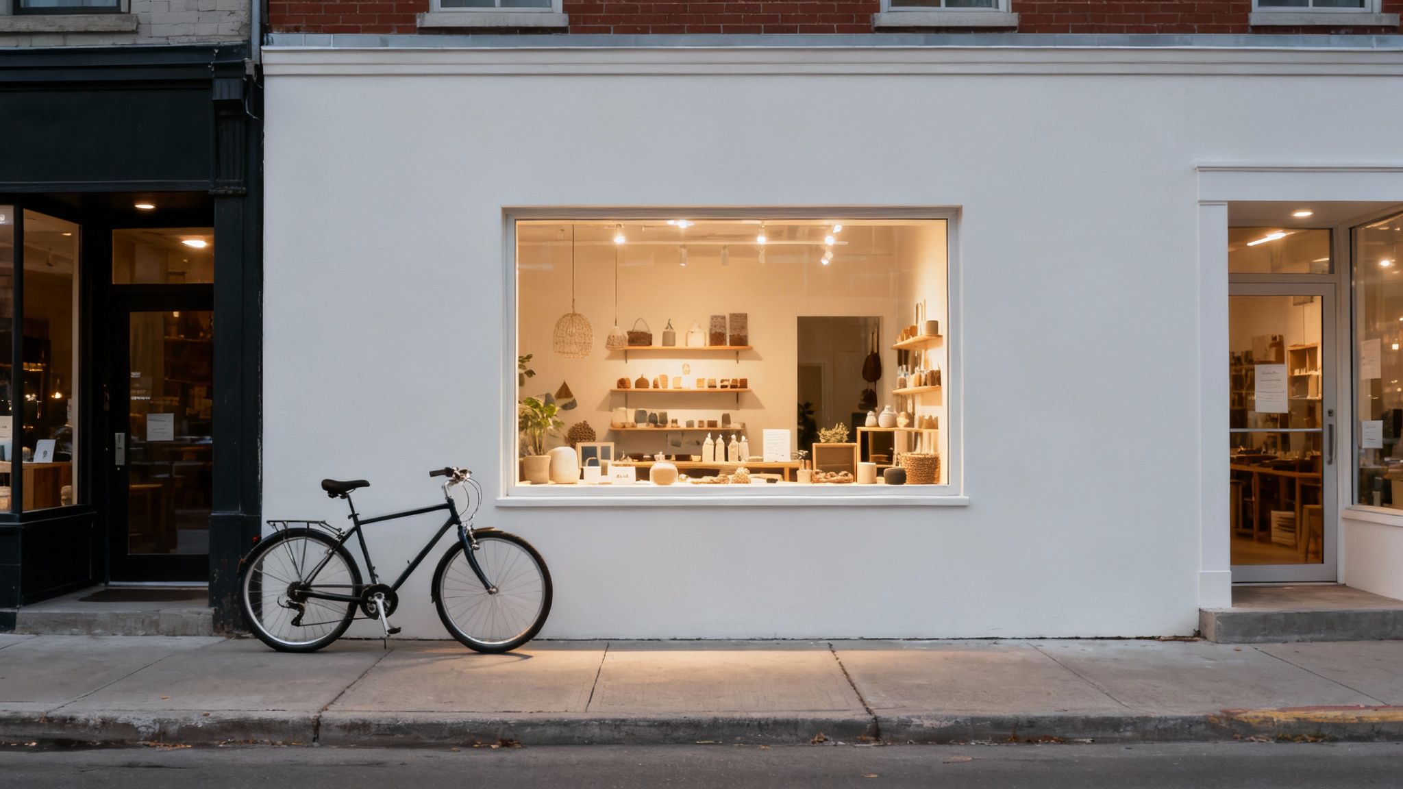 A minimalist shop window displays home goods and decor, with a bicycle parked on the sidewalk.
