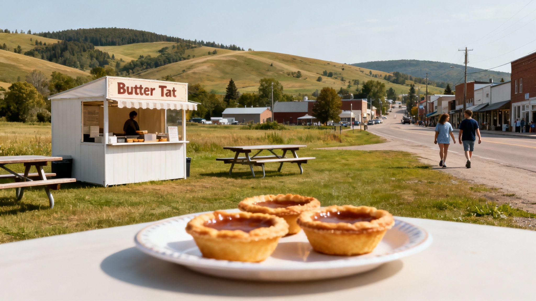 A butter tart stand with a person, picnic tables, and a town street with rolling hills in the background.