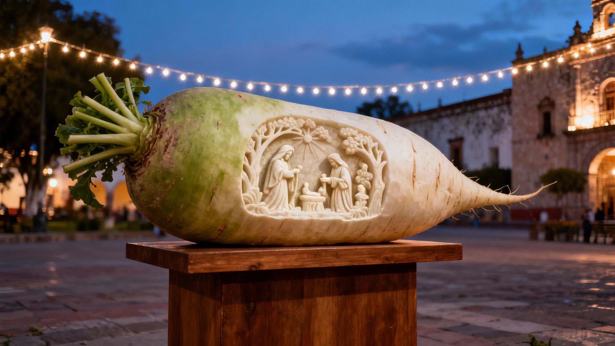 A large radish carved with a detailed nativity scene, displayed on a wooden stand under string lights at dusk.