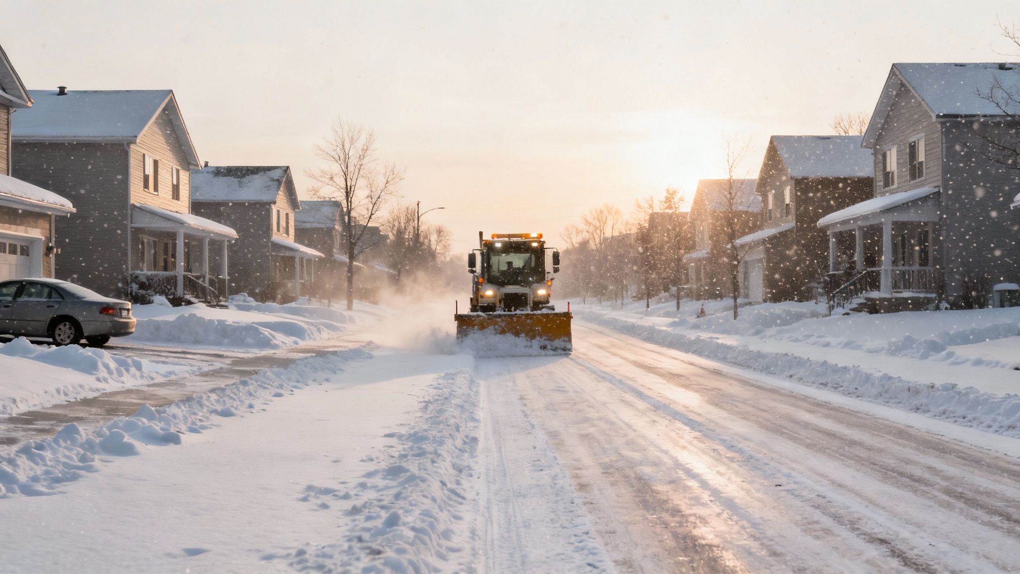 A person shoveling a sidewalk next to a snow-covered street in Ottawa.