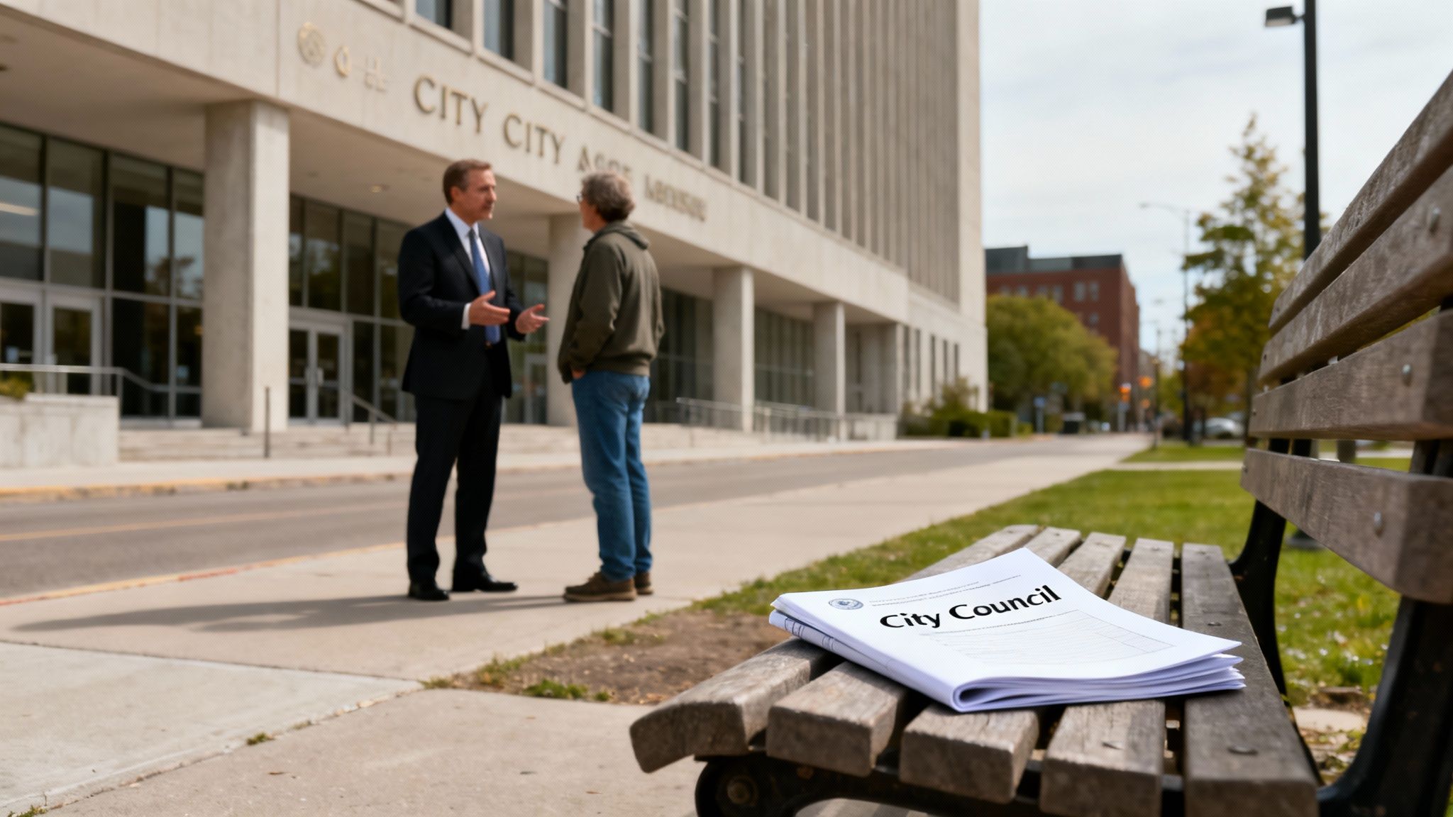 Two men talk on a sidewalk outside a City Council building, with 'City Council' papers on a bench.
