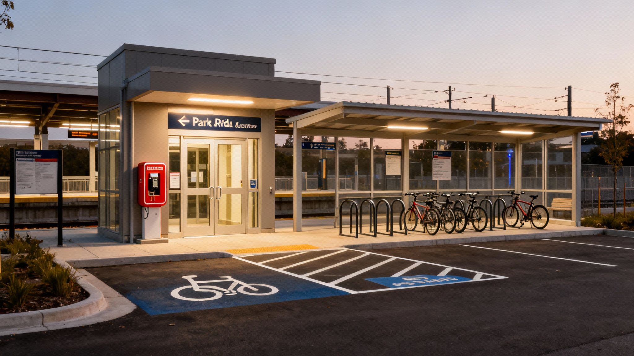 An accessible parking spot at a well-lit transit station.