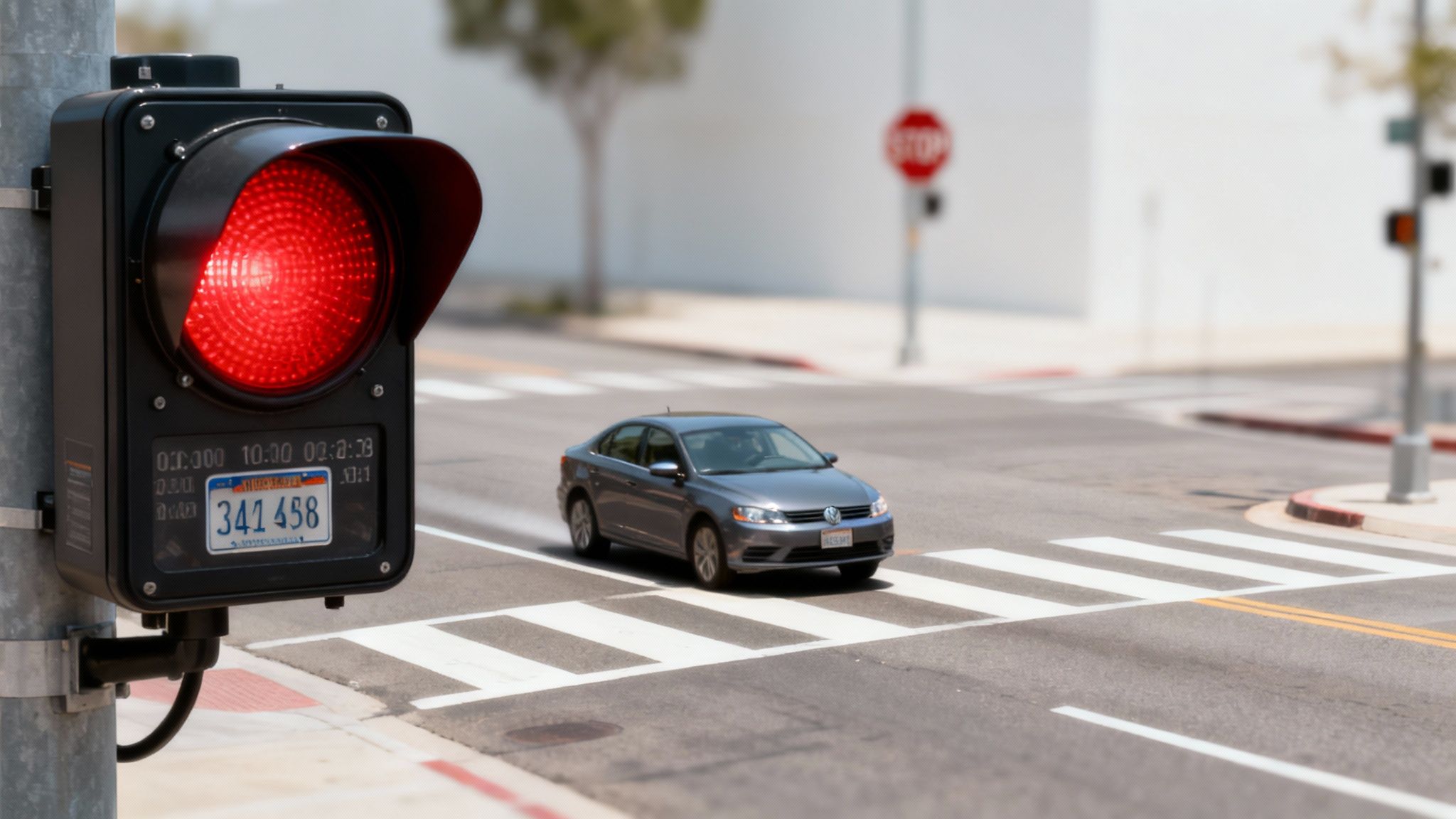 Red light camera with illuminated sensor capturing license plate of vehicle crossing intersection