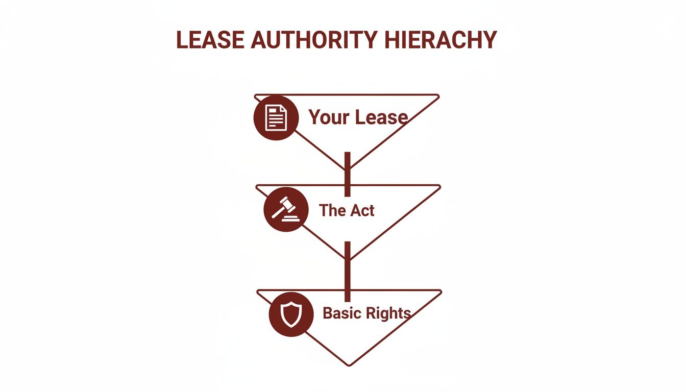 A lease authority hierarchy diagram illustrating Your Lease, The Act, and Basic Rights in order of precedence.