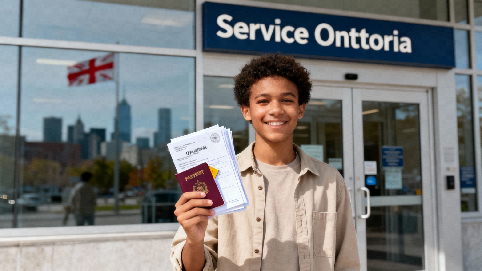 Young person holding passport and documents outside Service Ontario building for health card application
