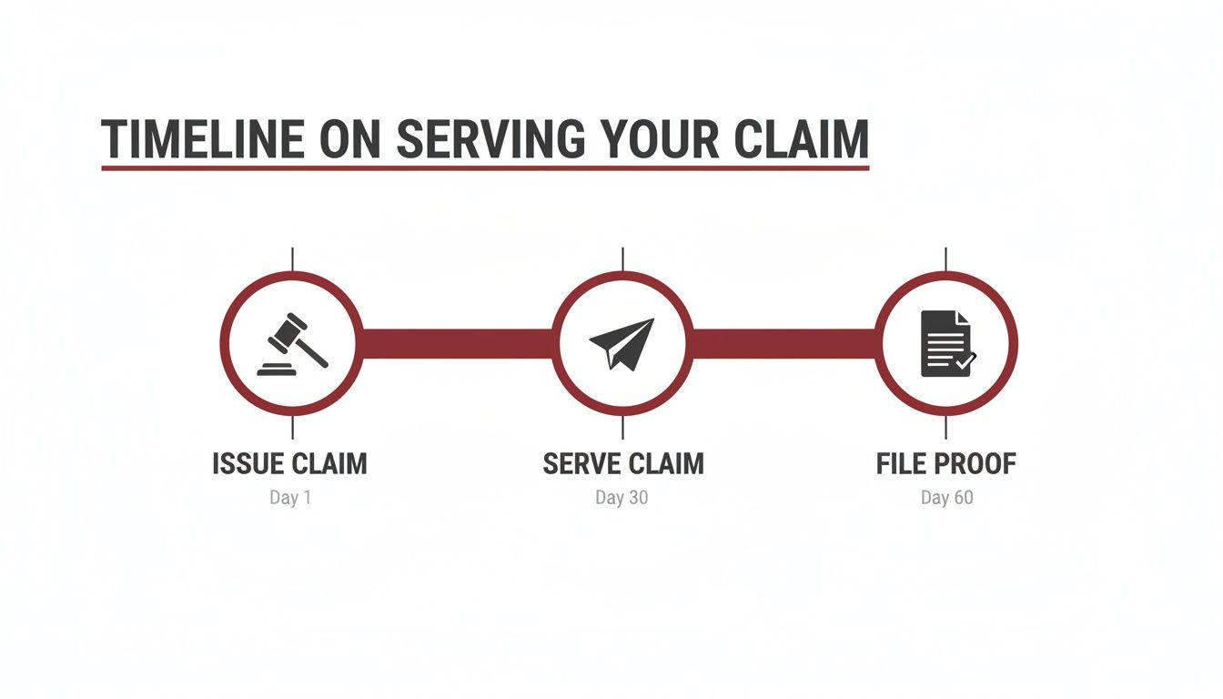 Timeline graphic illustrating the process of serving a claim with key milestones: Issue, Serve, and File Proof.