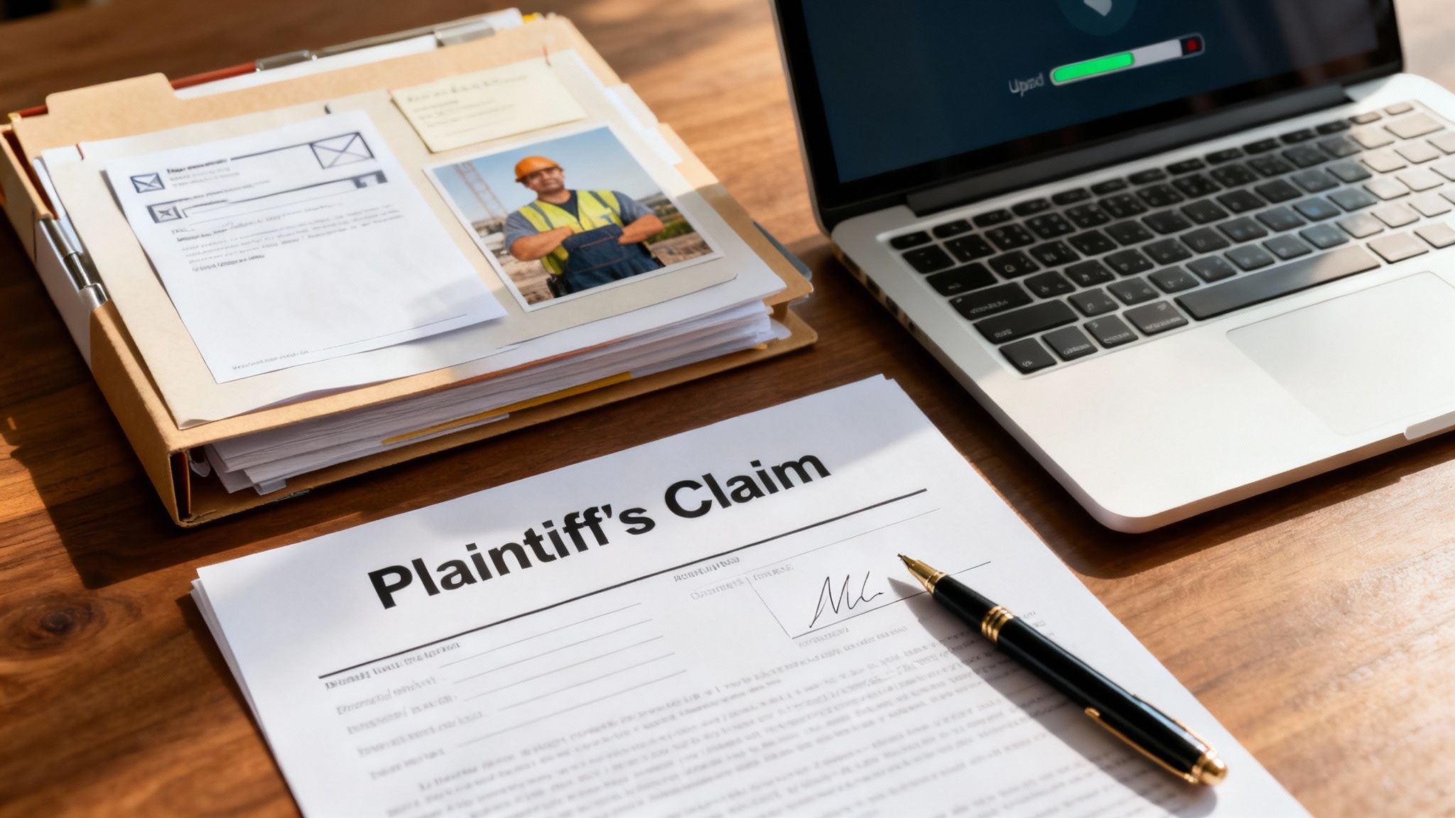 Desk with 'Plaintiff's Claim' form, pen, case files, and laptop uploading documents.