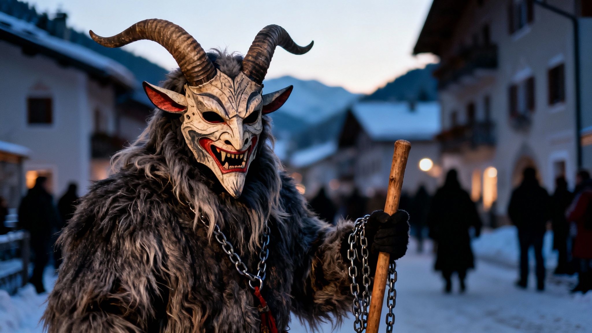 A person in a detailed Krampus costume, complete with mask, horns, fur, and chains, holds a staff in a snowy village.