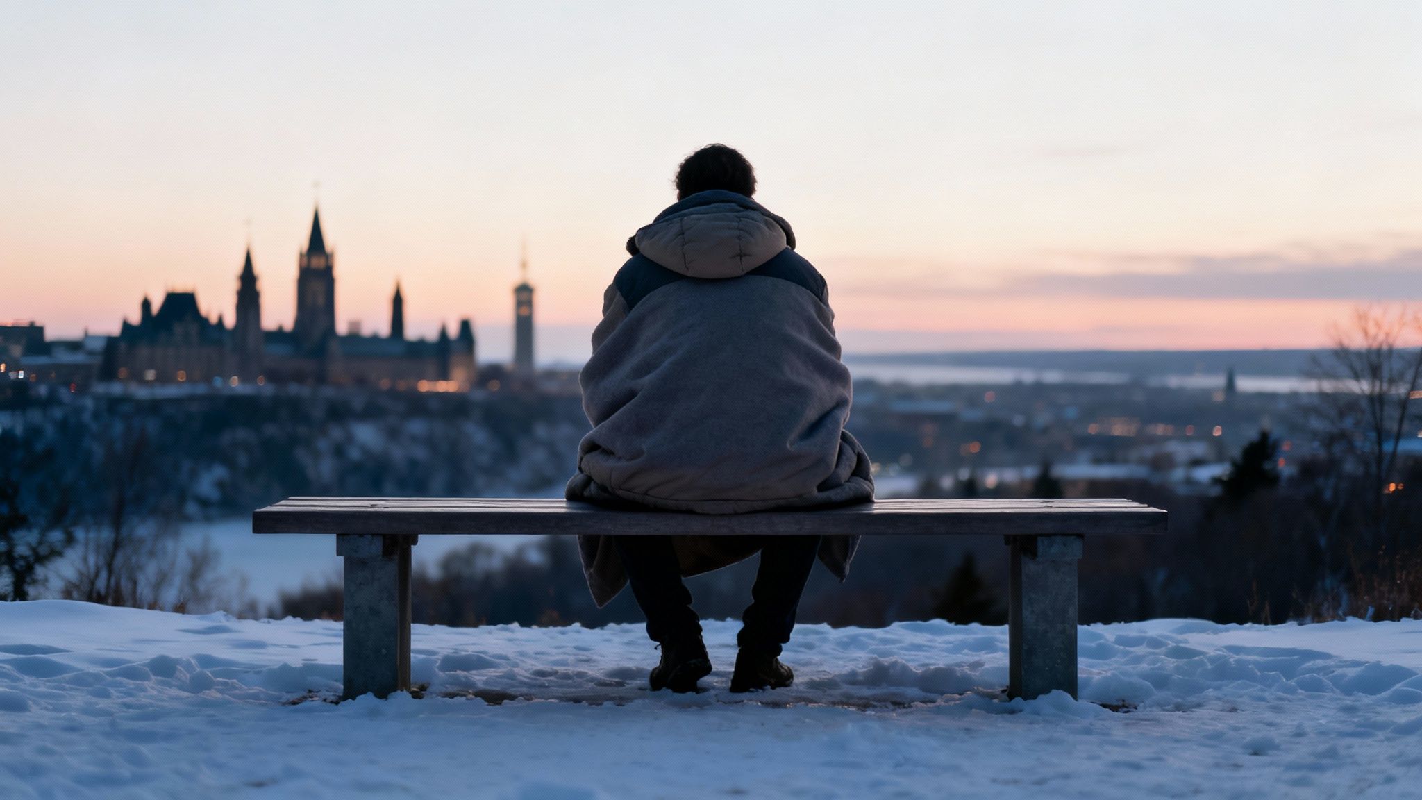 A person sits on a snowy bench, overlooking the illuminated Ottawa Parliament buildings at sunset.