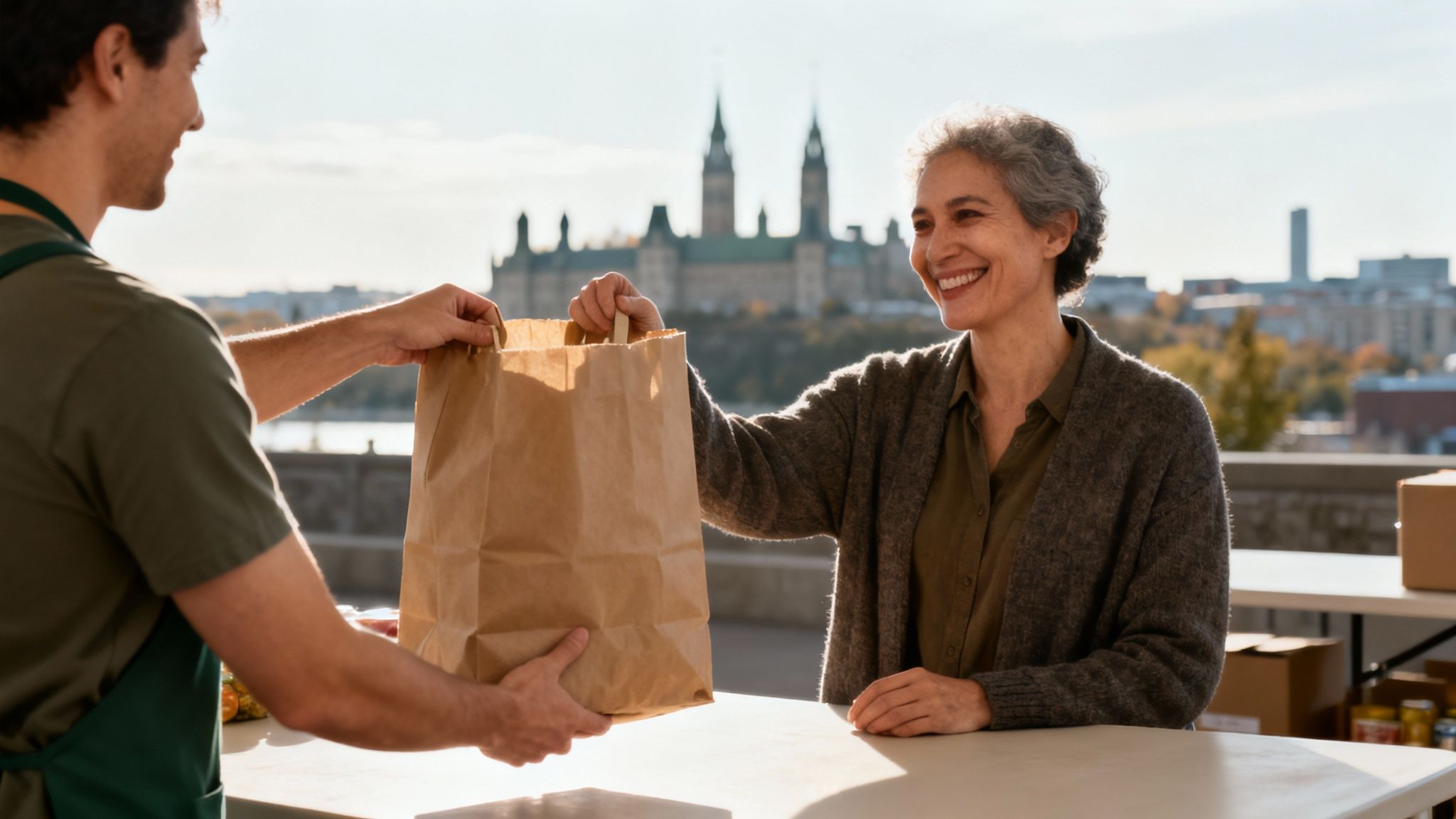 A smiling woman receives a brown paper bag from a man in an apron outdoors with a city skyline.