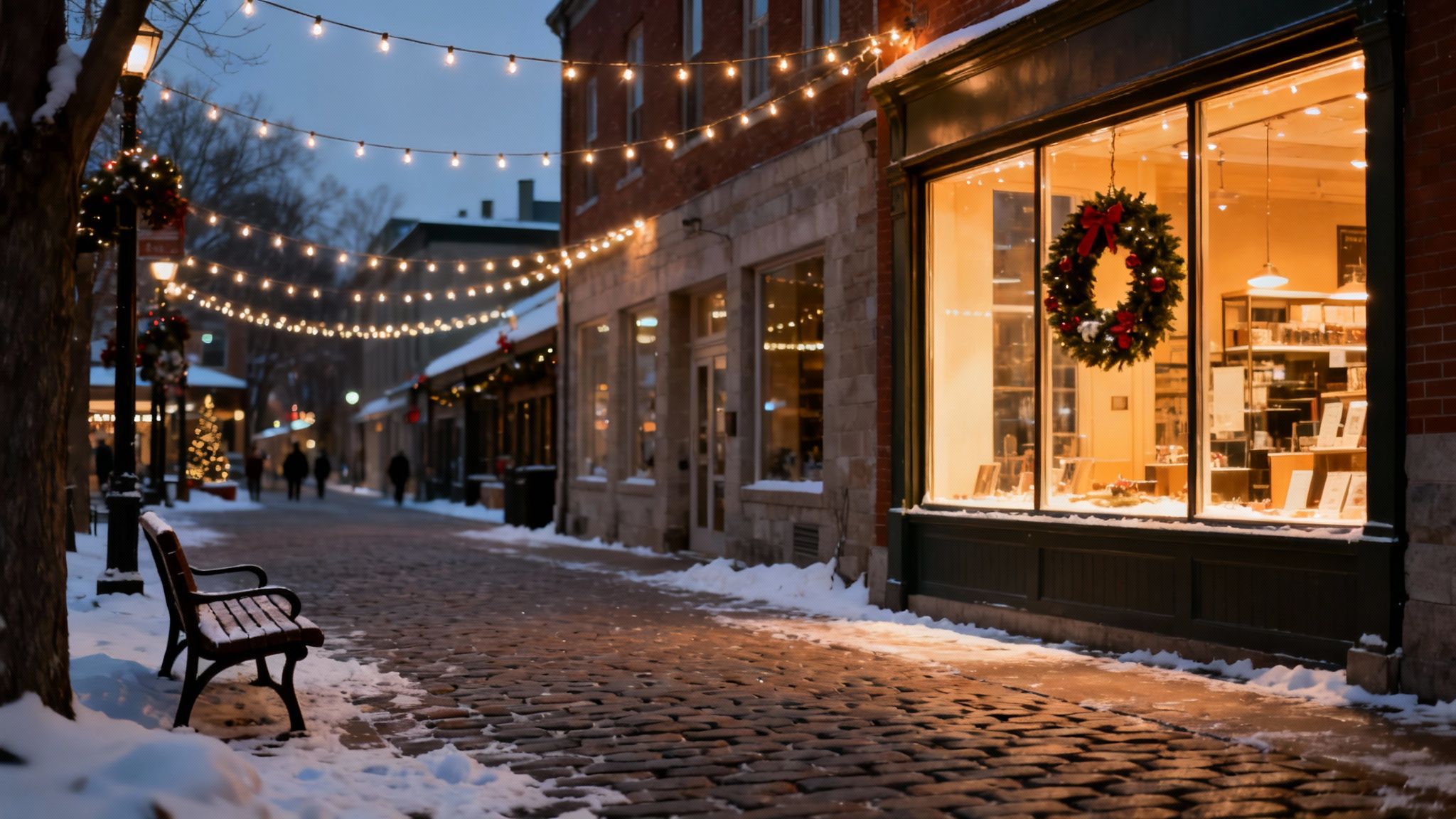 A snowy cobblestone street adorned with festive string lights and a Christmas wreath on a shop window.