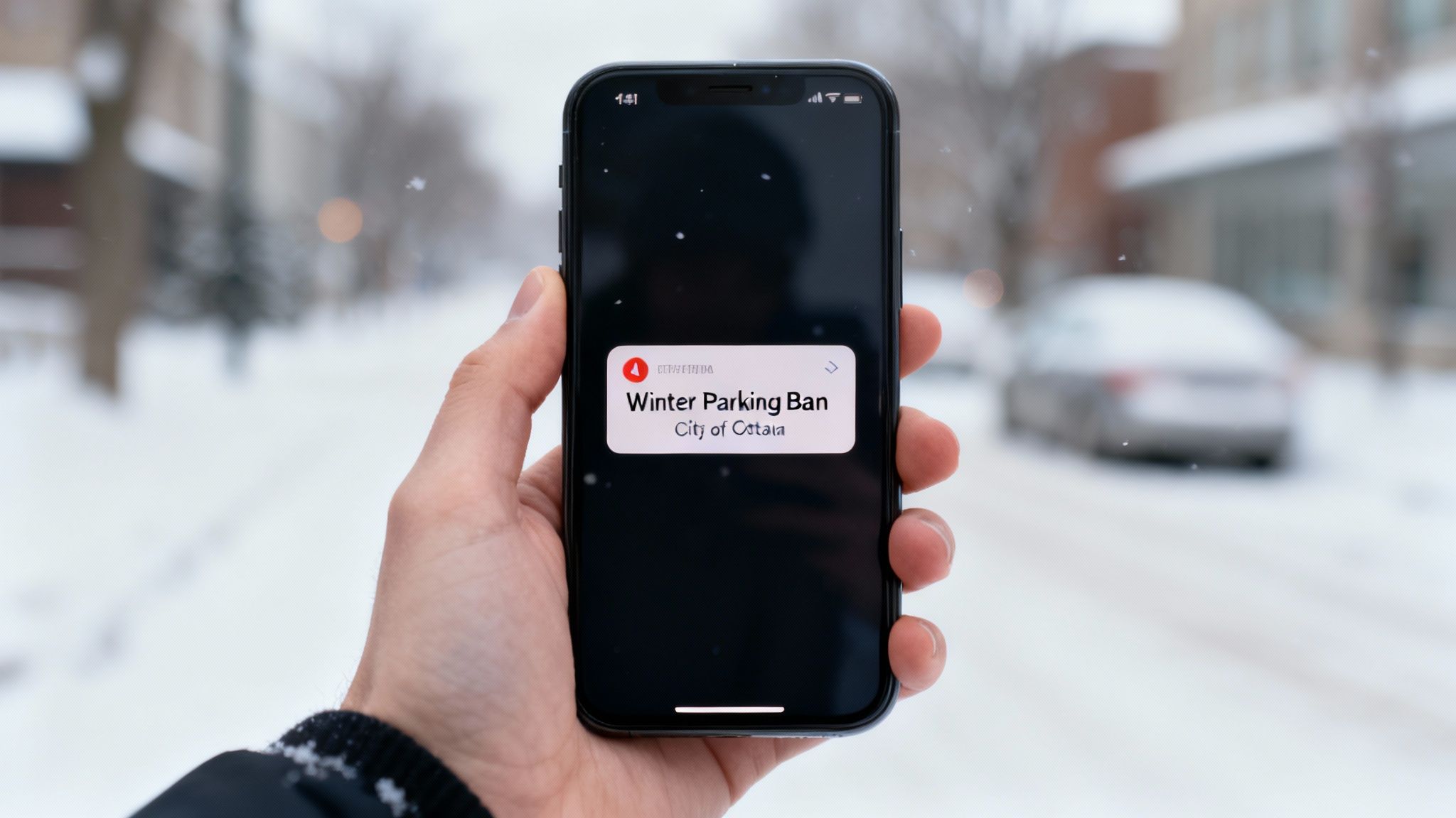 A person's hand holding a smartphone with a notification alert on the screen, with a snowy street in the background.