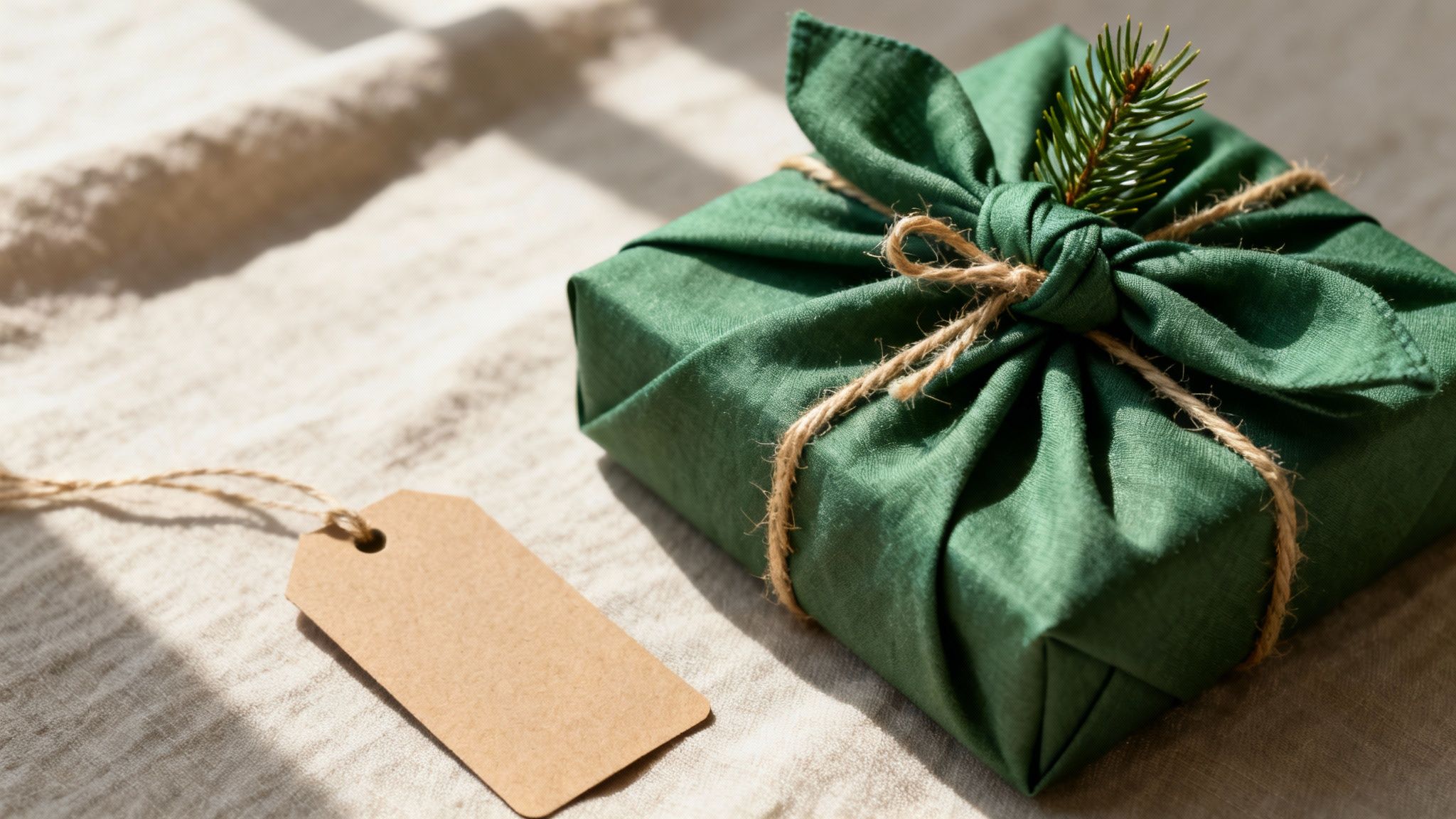 A sustainable gift wrapped in green fabric with natural twine, a pine branch, and a blank tag.