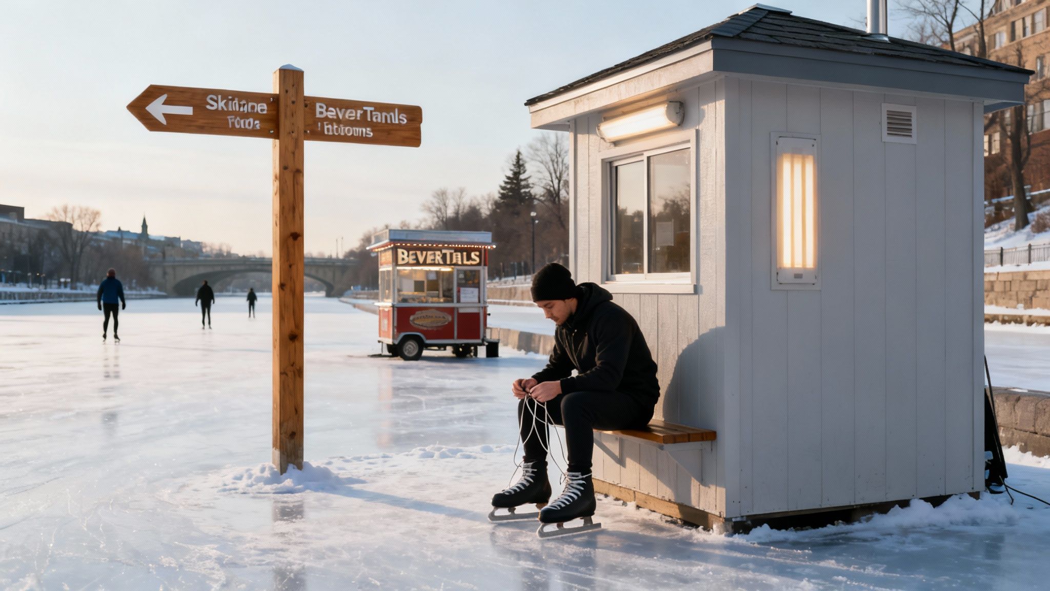 A man laces ice skates on a bench by a food stall and sign on a frozen canal.