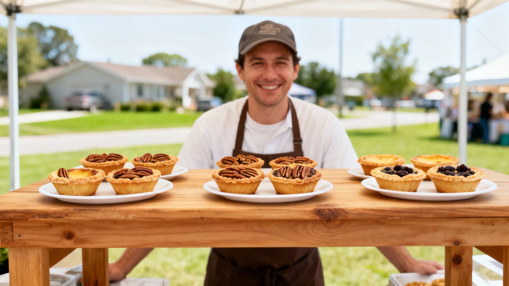 A smiling man in an apron and cap sells pecan, custard, and berry tarts at an outdoor market.