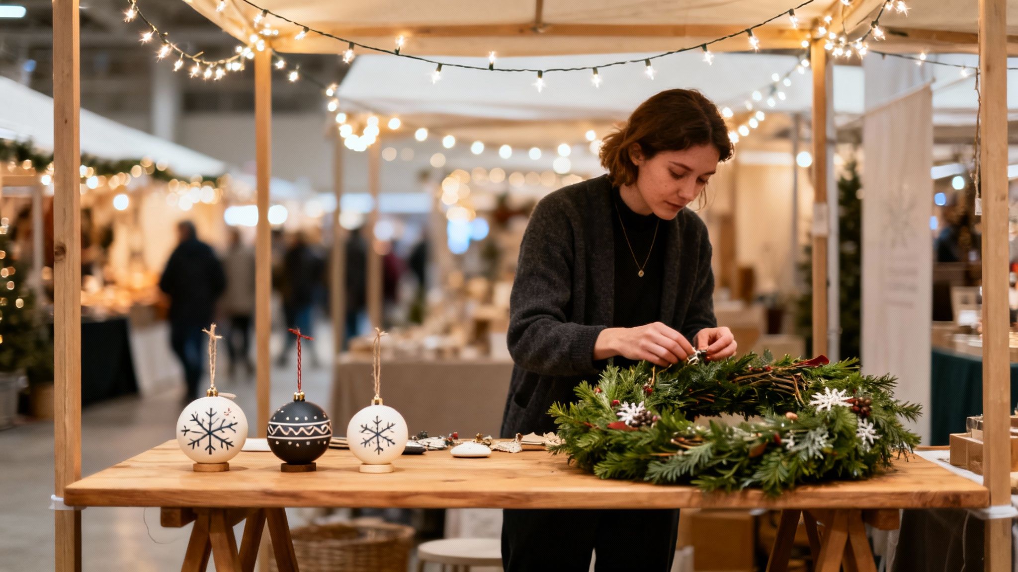 A woman decorates a festive Christmas wreath at a holiday market stall with string lights.