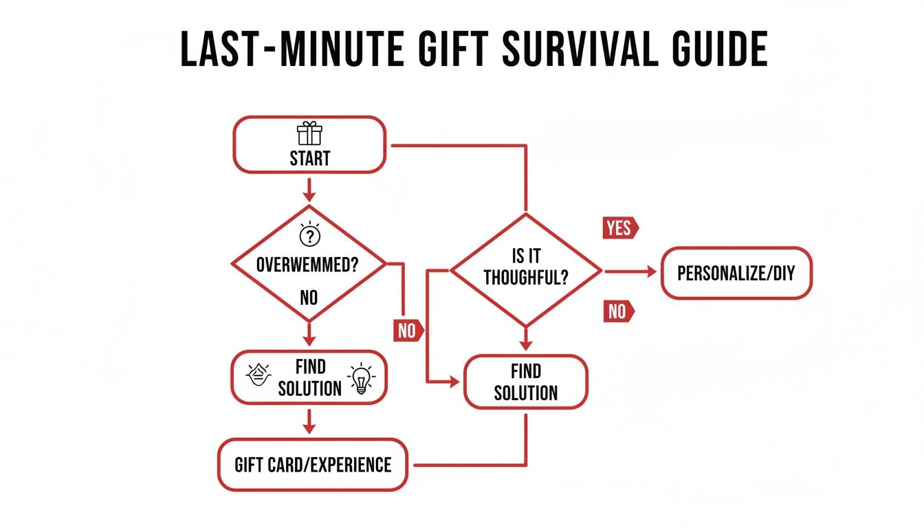 Flowchart illustrating a last-minute gift survival guide, offering solutions based on thoughtfulness and overwhelm.