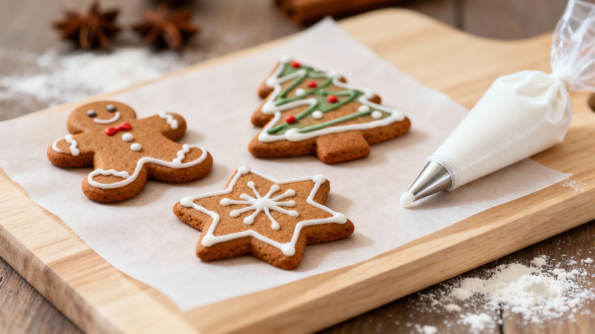 Delicious decorated gingerbread cookies in festive shapes with a piping bag of white icing on a wooden board.