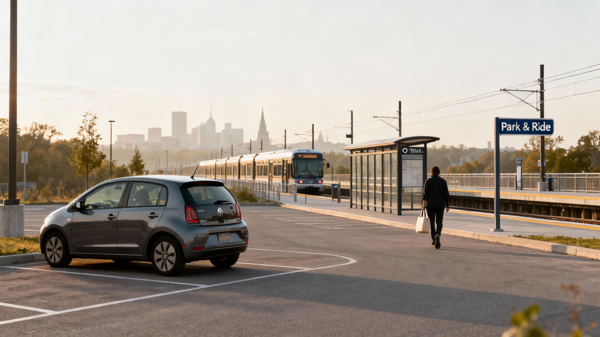 A person waiting for a bus at a modern transit station.