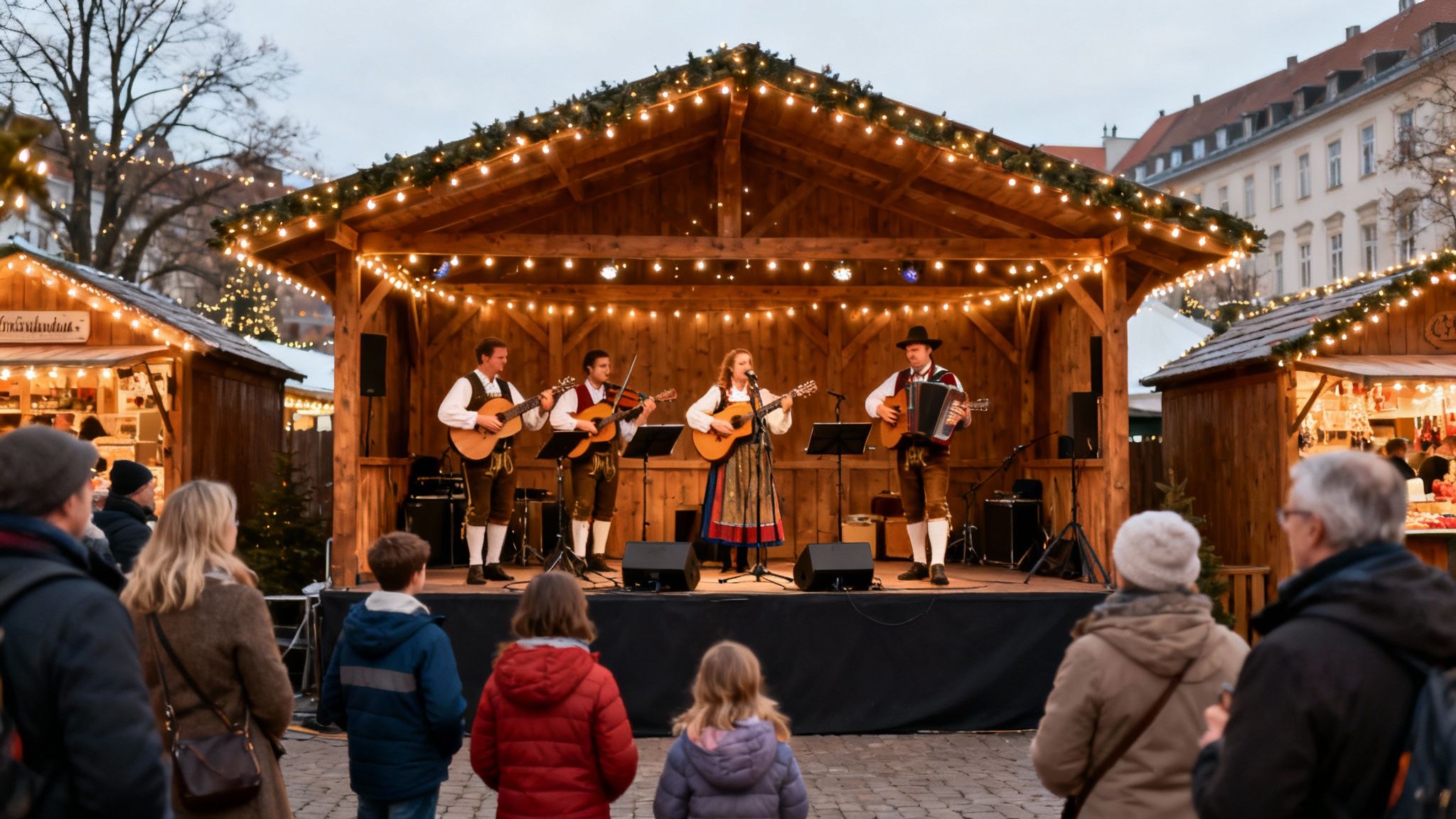 People watching musicians perform traditional folk music on a festive outdoor stage at a Christmas market.