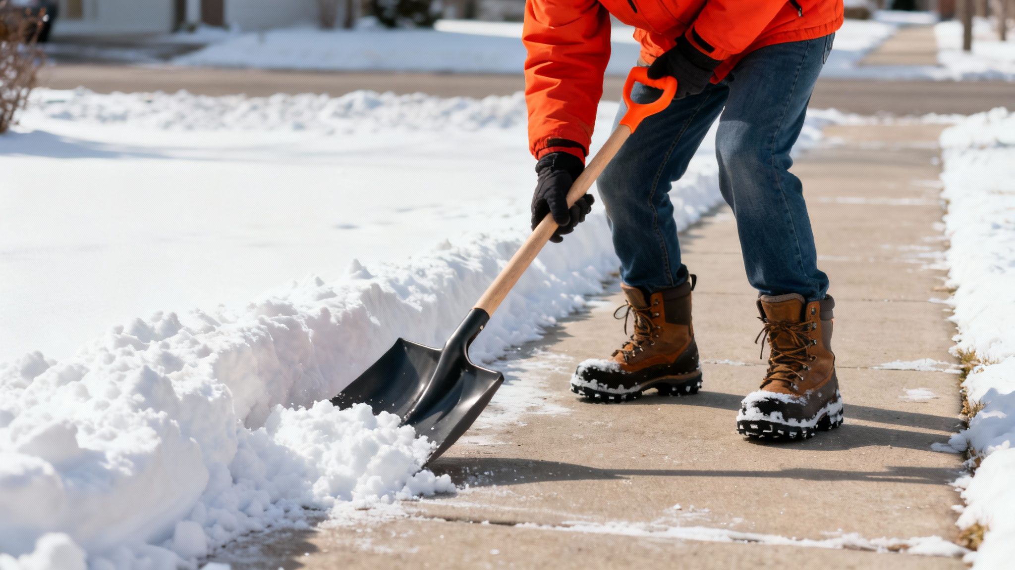 A person in an orange jacket and winter boots clearing snow from a sidewalk.