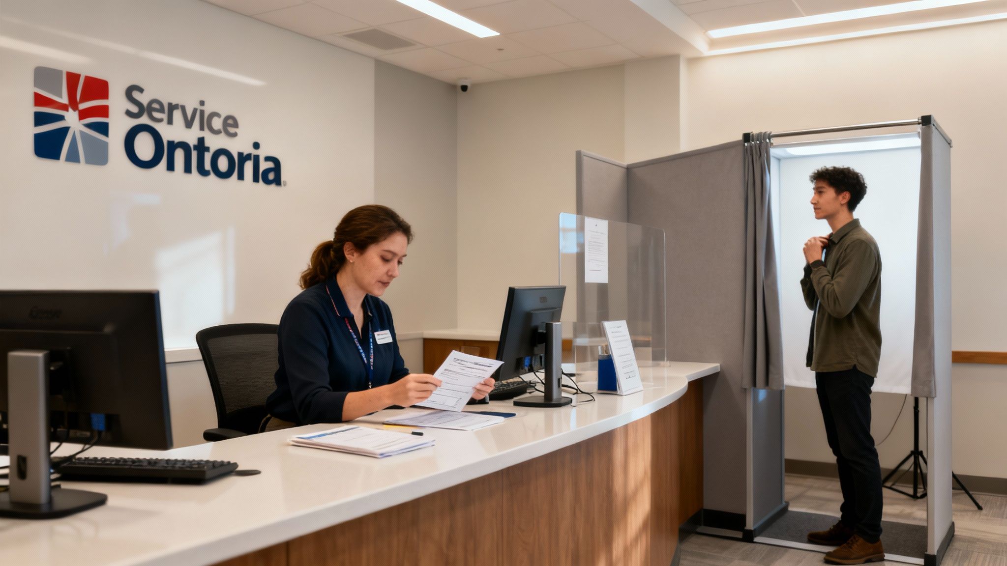 Service Ontario staff member assisting customer at reception desk with health card application documents