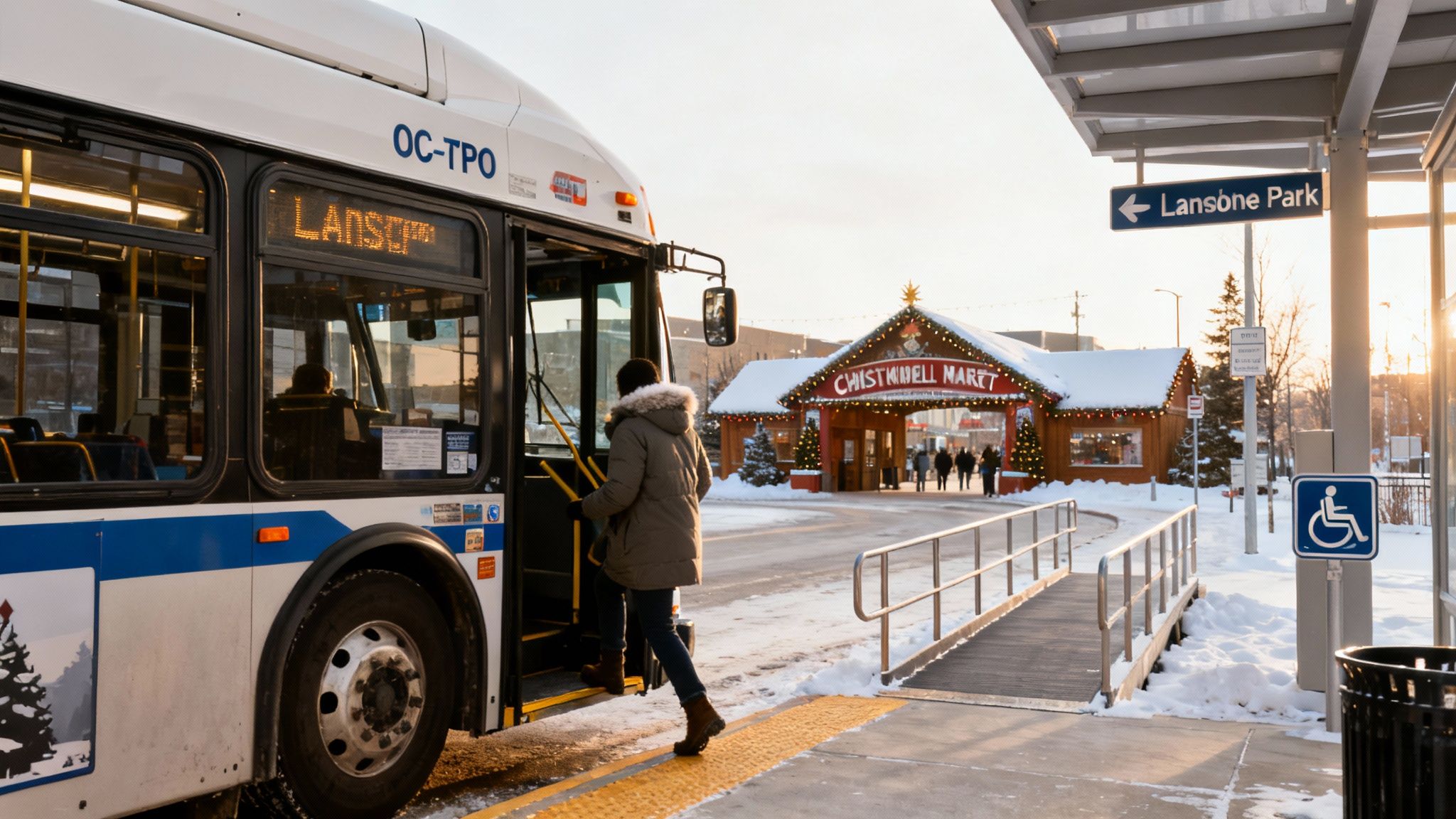 A person boards an OC-TPO bus at a snow-covered stop with a festive Christkindl Market in the background.