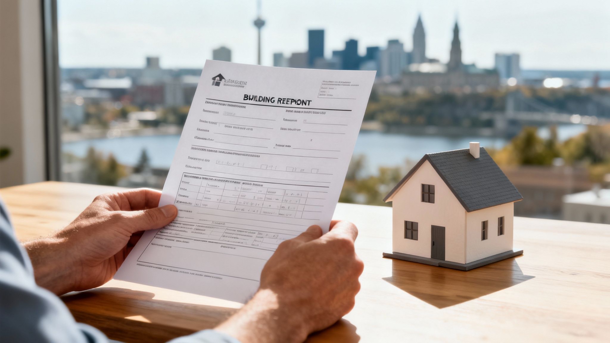 A person holding a building permit document next to a miniature house model with a city skyline in the background.