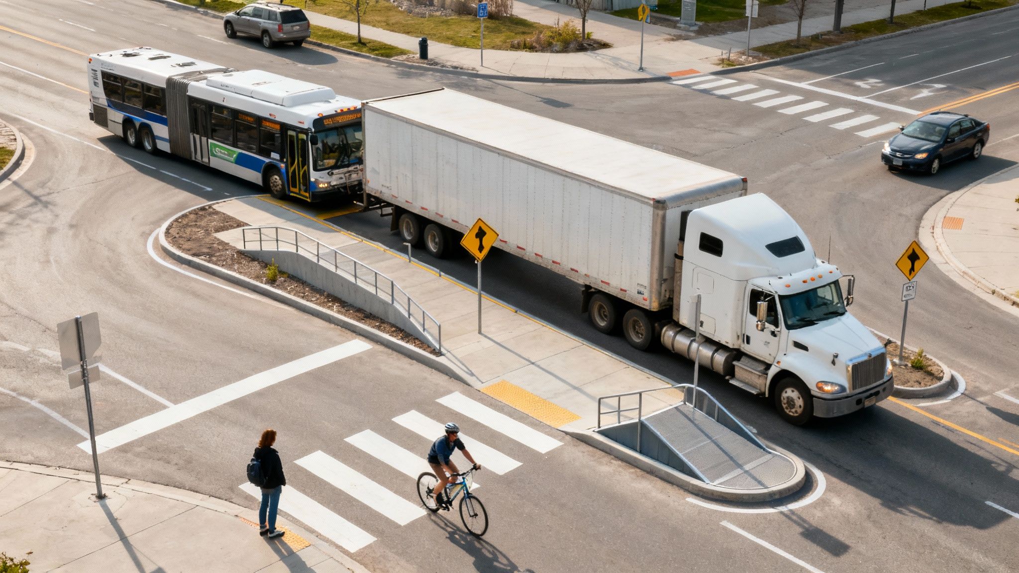 A large OC Transpo bus navigating a multi-lane roundabout in Ottawa.