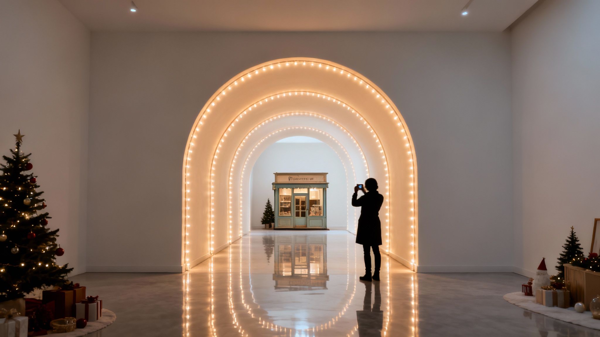 A person takes a photo of a miniature store through illuminated arches at a Christmas exhibition.