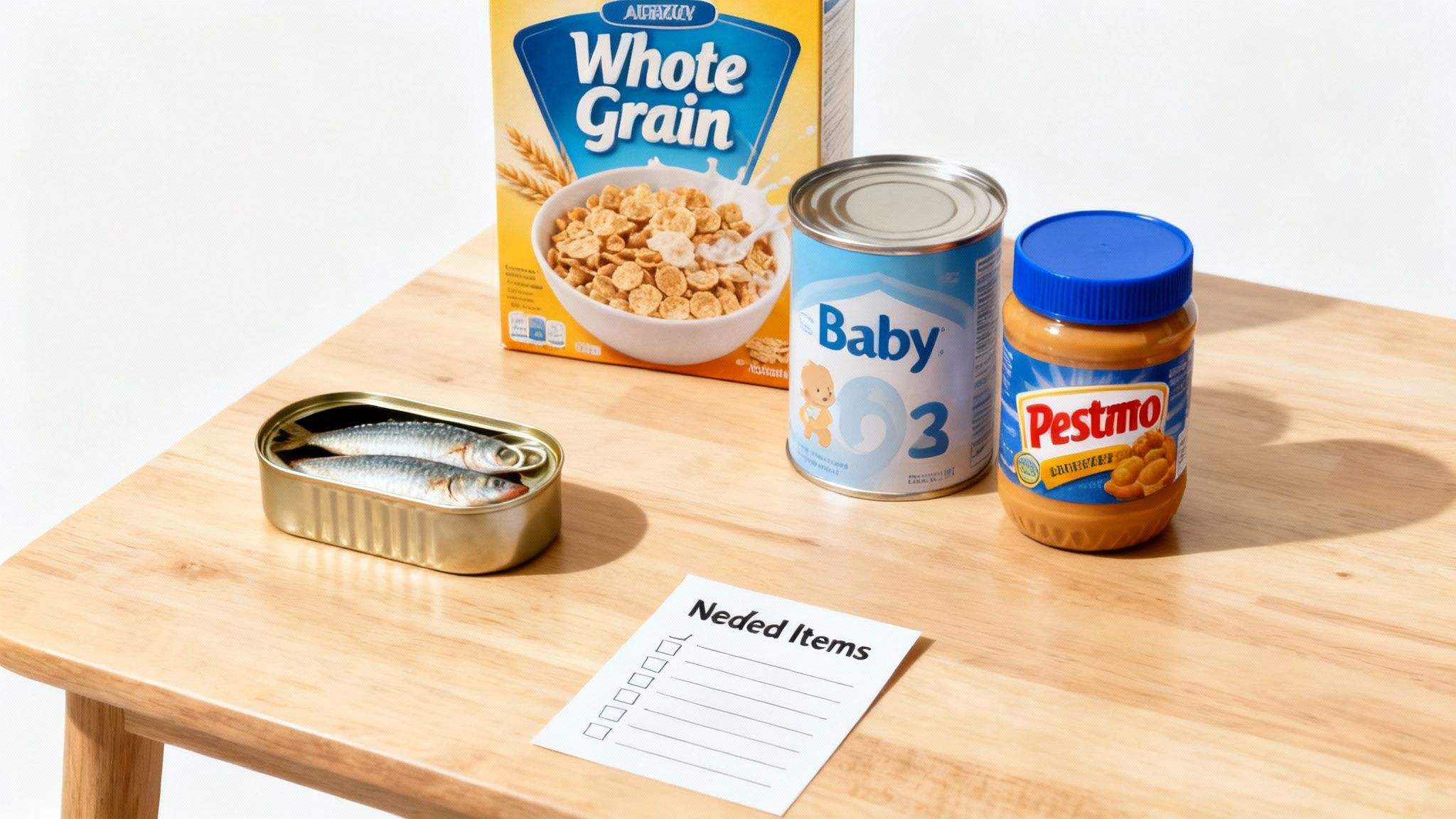 Food bank donations including cereal, canned goods, baby formula and peanut butter on wooden table